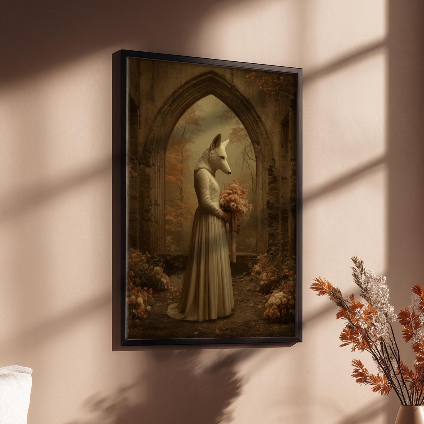 The Wolf Bride – Gothic Animal Wedding Print, Surreal Wolf-Headed Bride Poster, Haunted Woodland Chapel Art