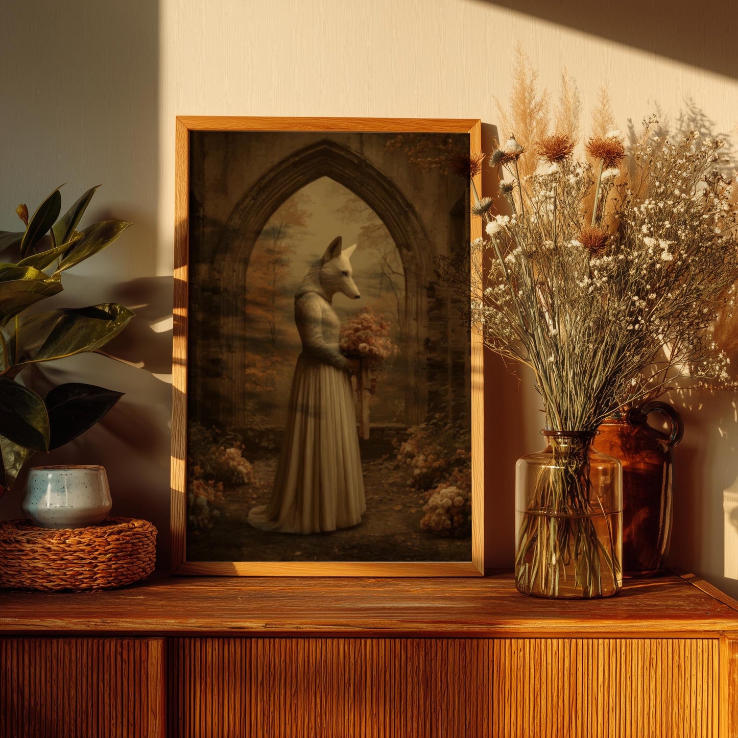 The Wolf Bride – Gothic Animal Wedding Print, Surreal Wolf-Headed Bride Poster, Haunted Woodland Chapel Art