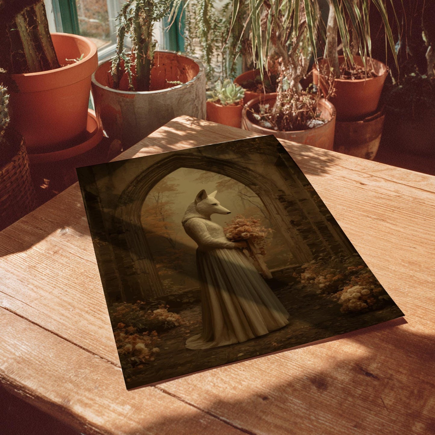 The Wolf Bride – Gothic Animal Wedding Print, Surreal Wolf-Headed Bride Poster, Haunted Woodland Chapel Art