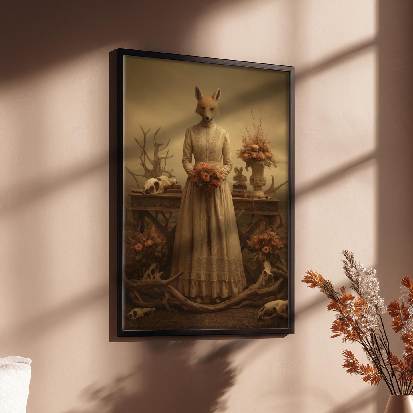 The Fox Bride – Surreal Animal Wedding Wall Art, Gothic Fox-Headed Bride Print, Dark Forest Wedding Poster