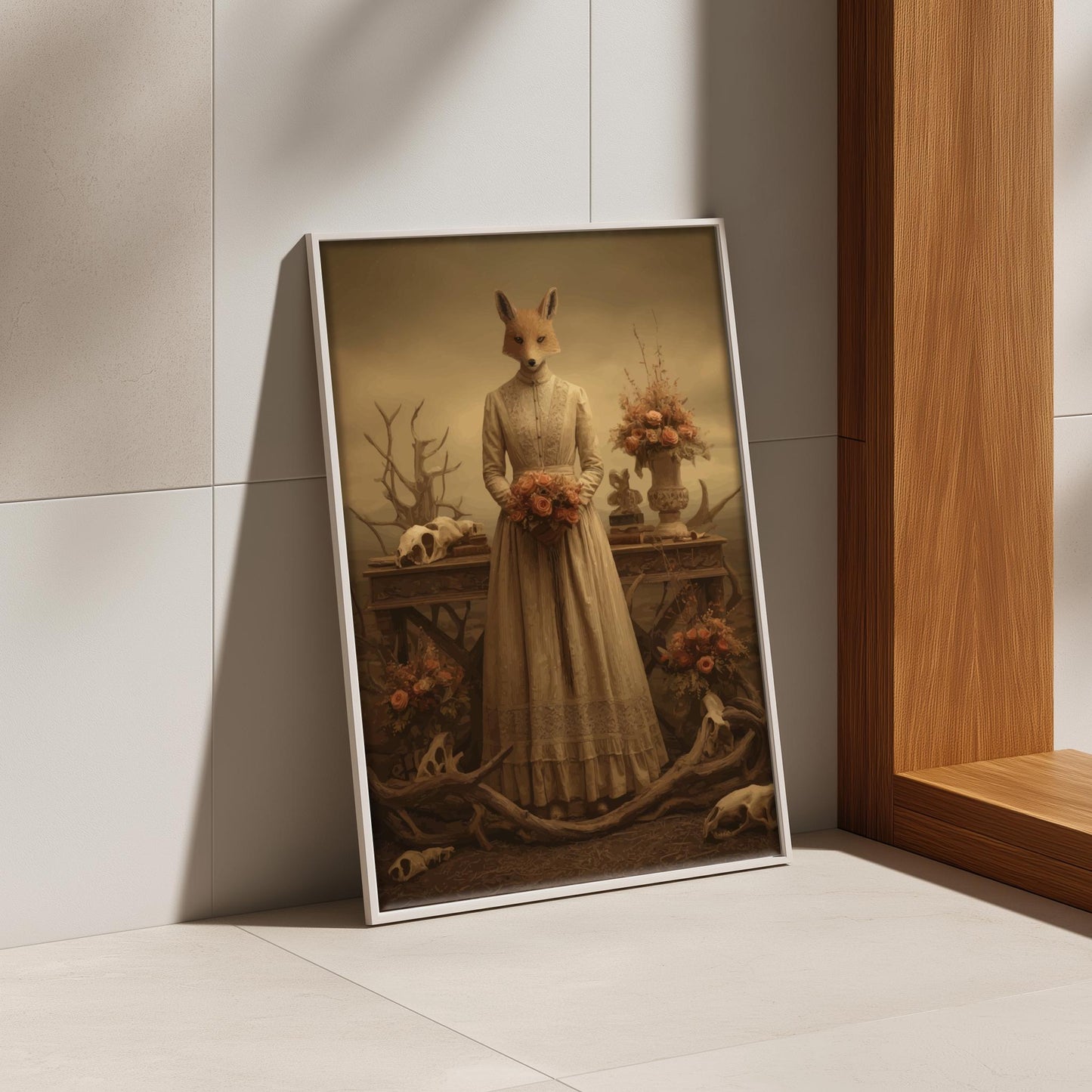 The Fox Bride – Surreal Animal Wedding Wall Art, Gothic Fox-Headed Bride Print, Dark Forest Wedding Poster