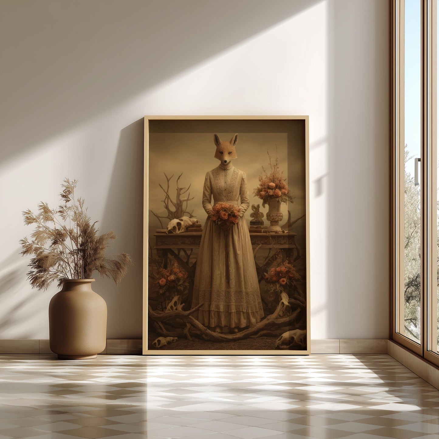 The Fox Bride – Surreal Animal Wedding Wall Art, Gothic Fox-Headed Bride Print, Dark Forest Wedding Poster
