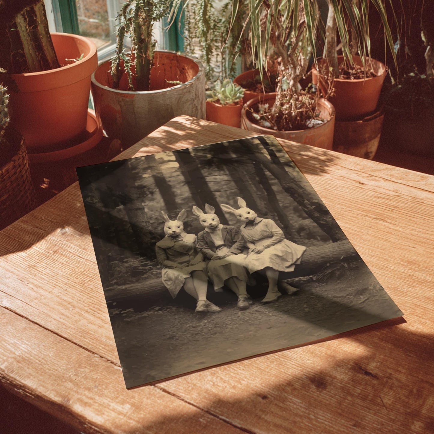 The Rabbit Sisters – Surreal Rabbit Wall Art, Anthropomorphic Animal Sisters Poster, Dark Woodland Bunny Print