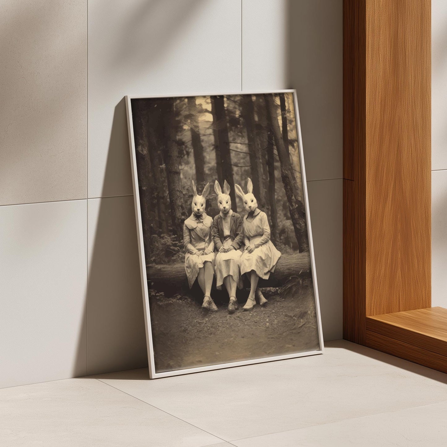 The Rabbit Sisters – Surreal Rabbit Wall Art, Anthropomorphic Animal Sisters Poster, Dark Woodland Bunny Print