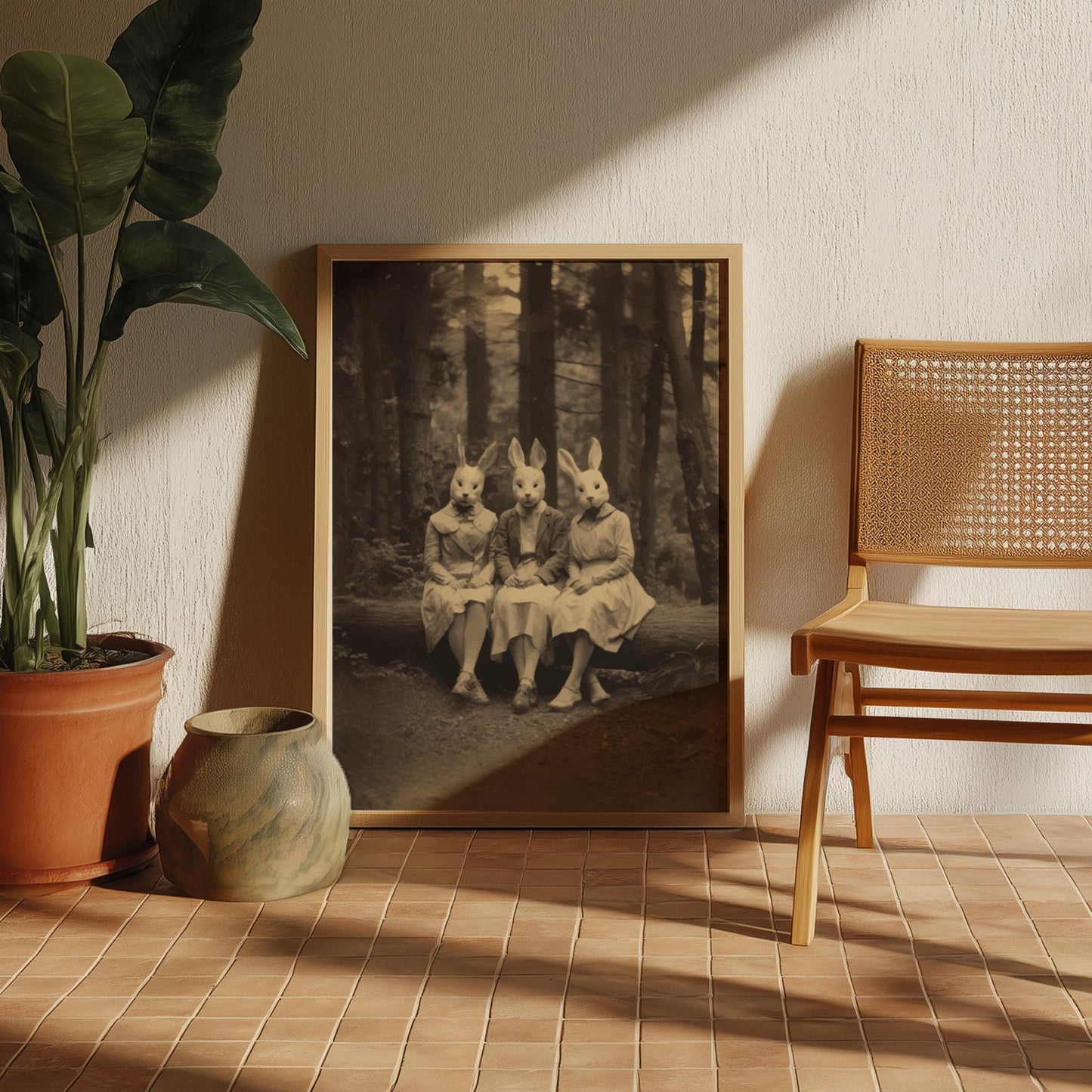 The Rabbit Sisters – Surreal Rabbit Wall Art, Anthropomorphic Animal Sisters Poster, Dark Woodland Bunny Print