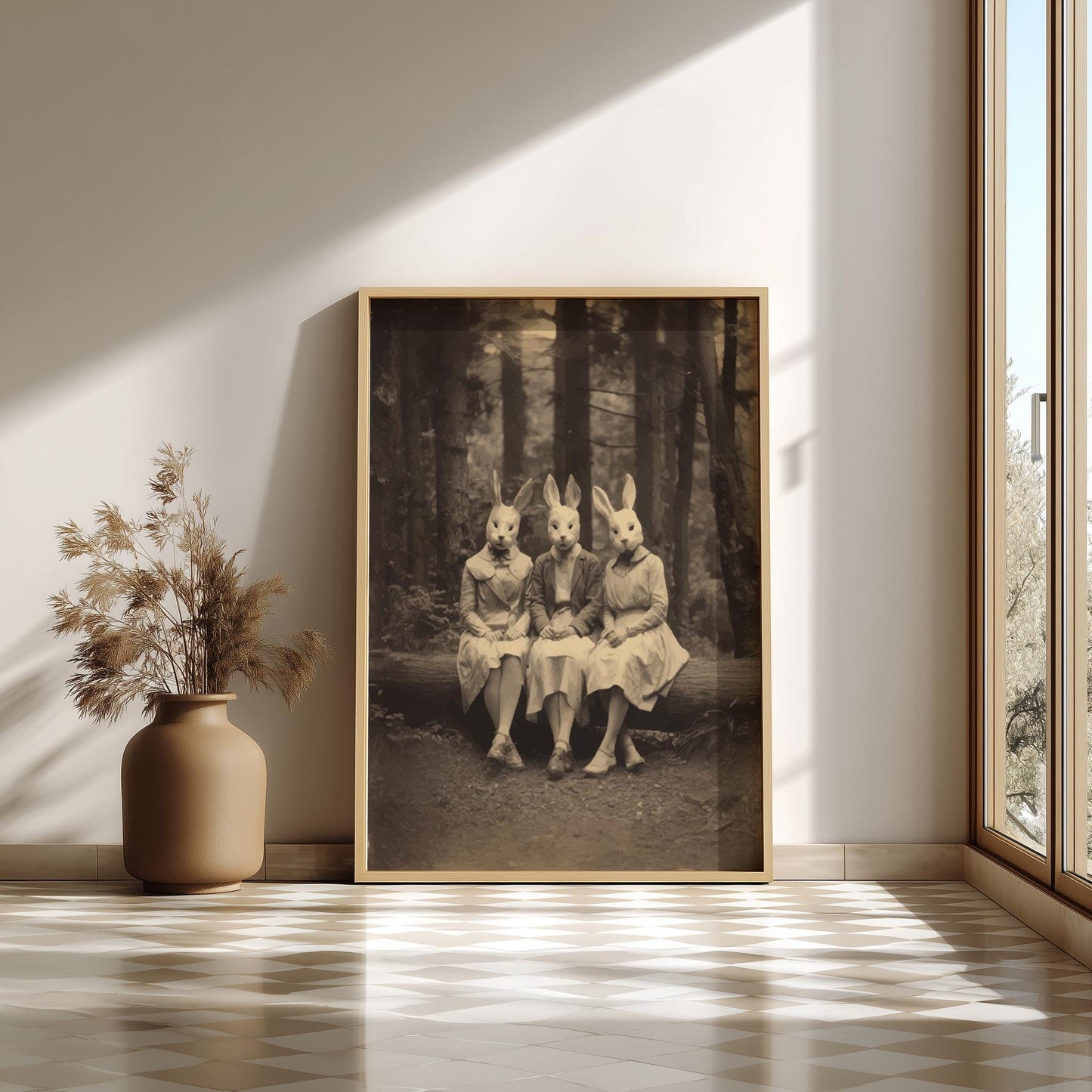 The Rabbit Sisters – Surreal Rabbit Wall Art, Anthropomorphic Animal Sisters Poster, Dark Woodland Bunny Print