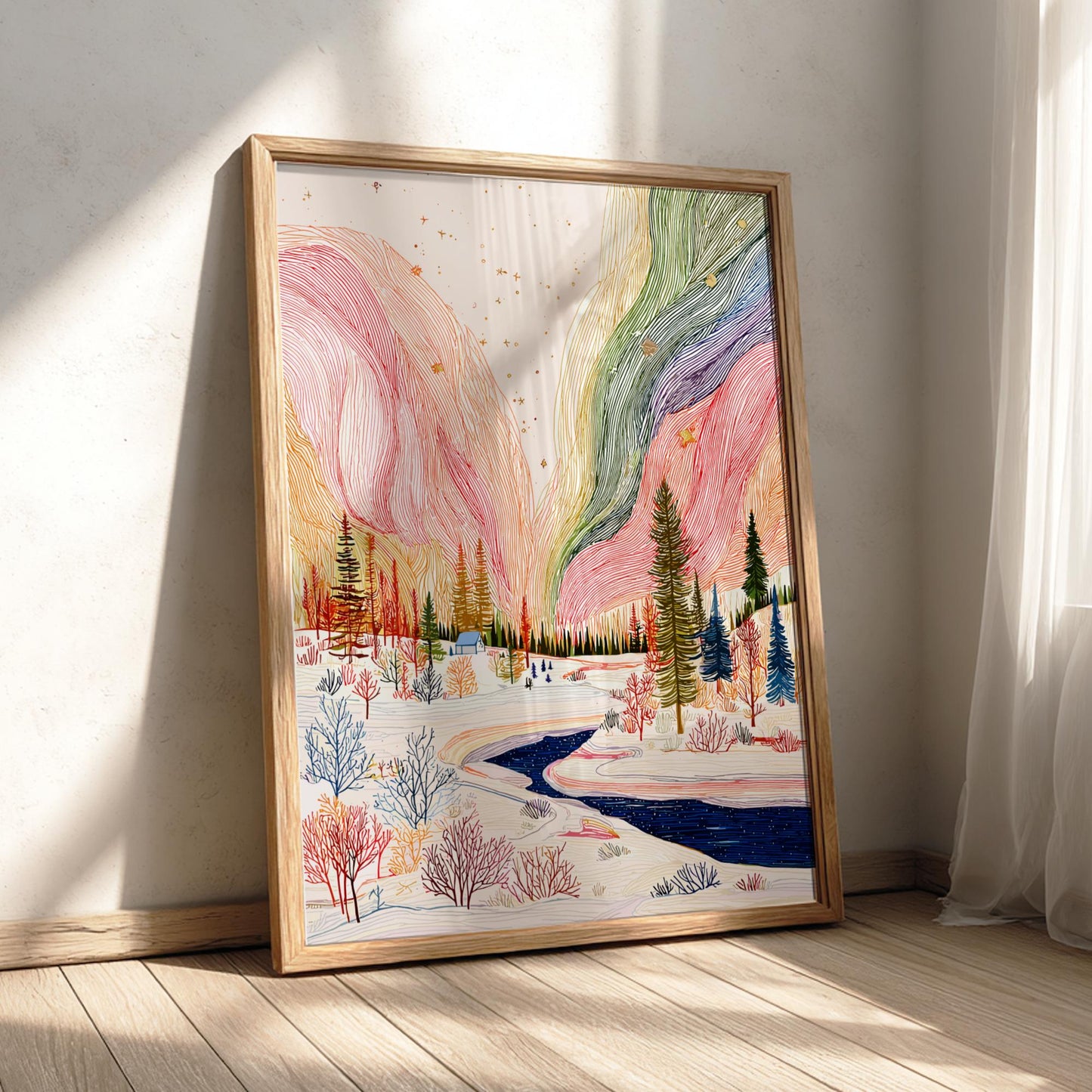 Aurora Veil - Pastel Aurora Landscape Art Print - Ethereal Nature Wall Decor Poster