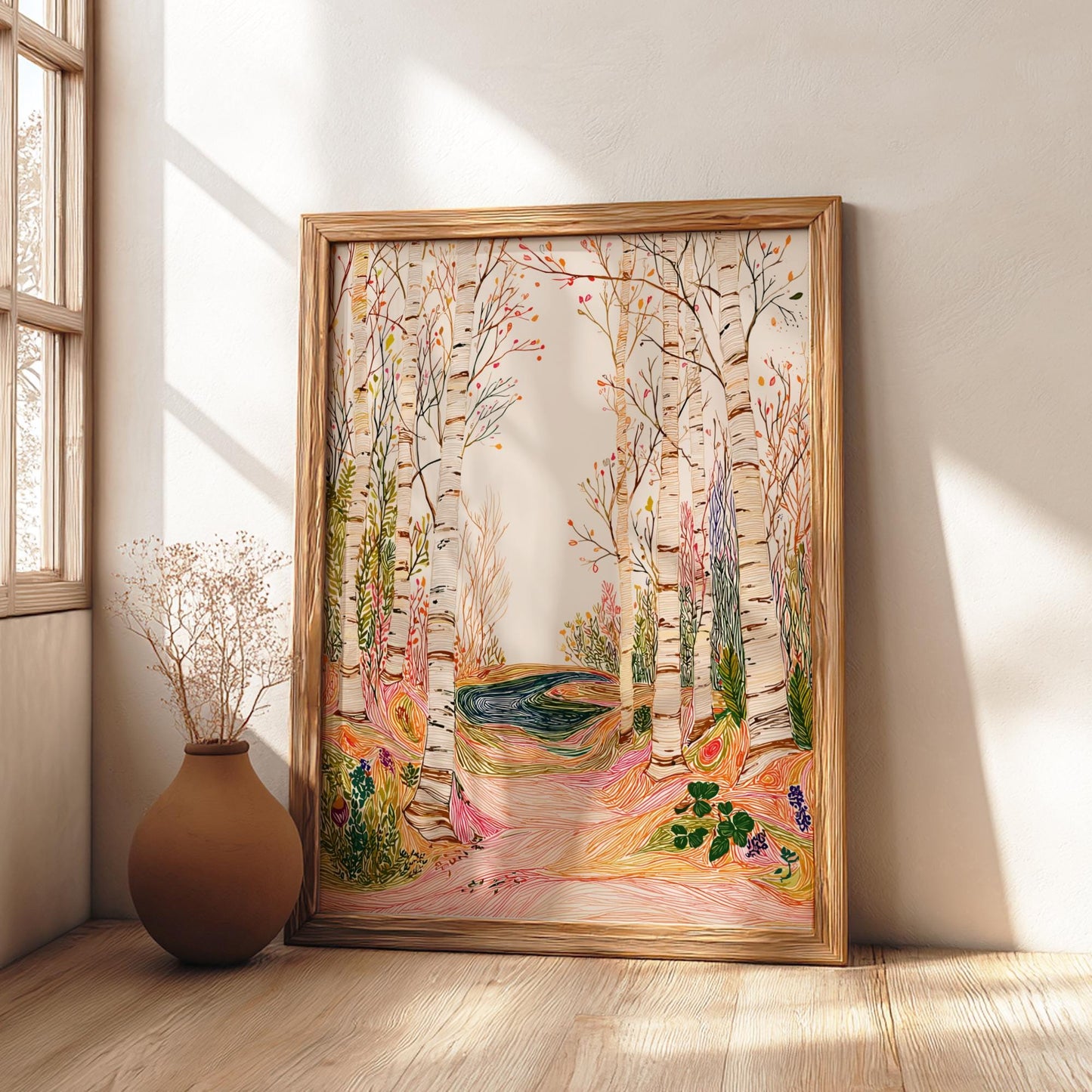 Birch Awakening - Pastel Forest Landscape Art Print - Whimsical Nature Wall Decor Poster