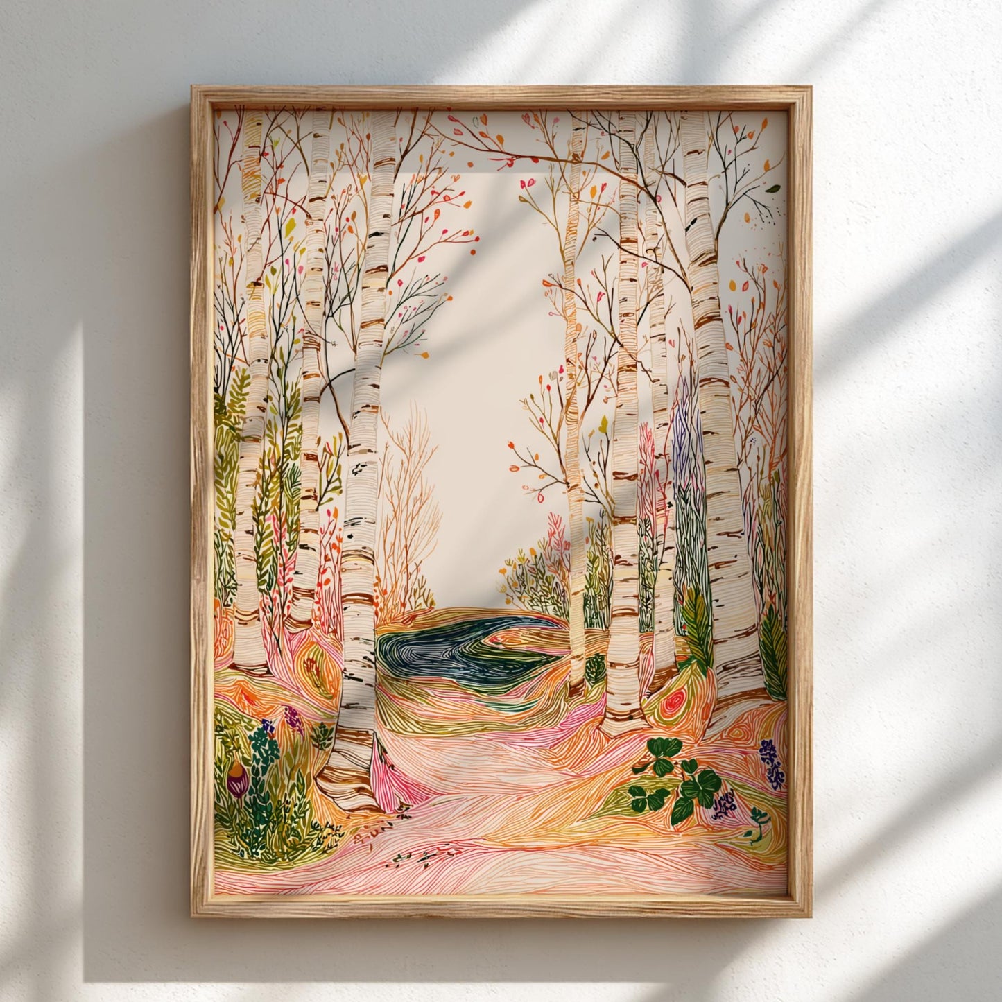Birch Awakening - Pastel Forest Landscape Art Print - Whimsical Nature Wall Decor Poster