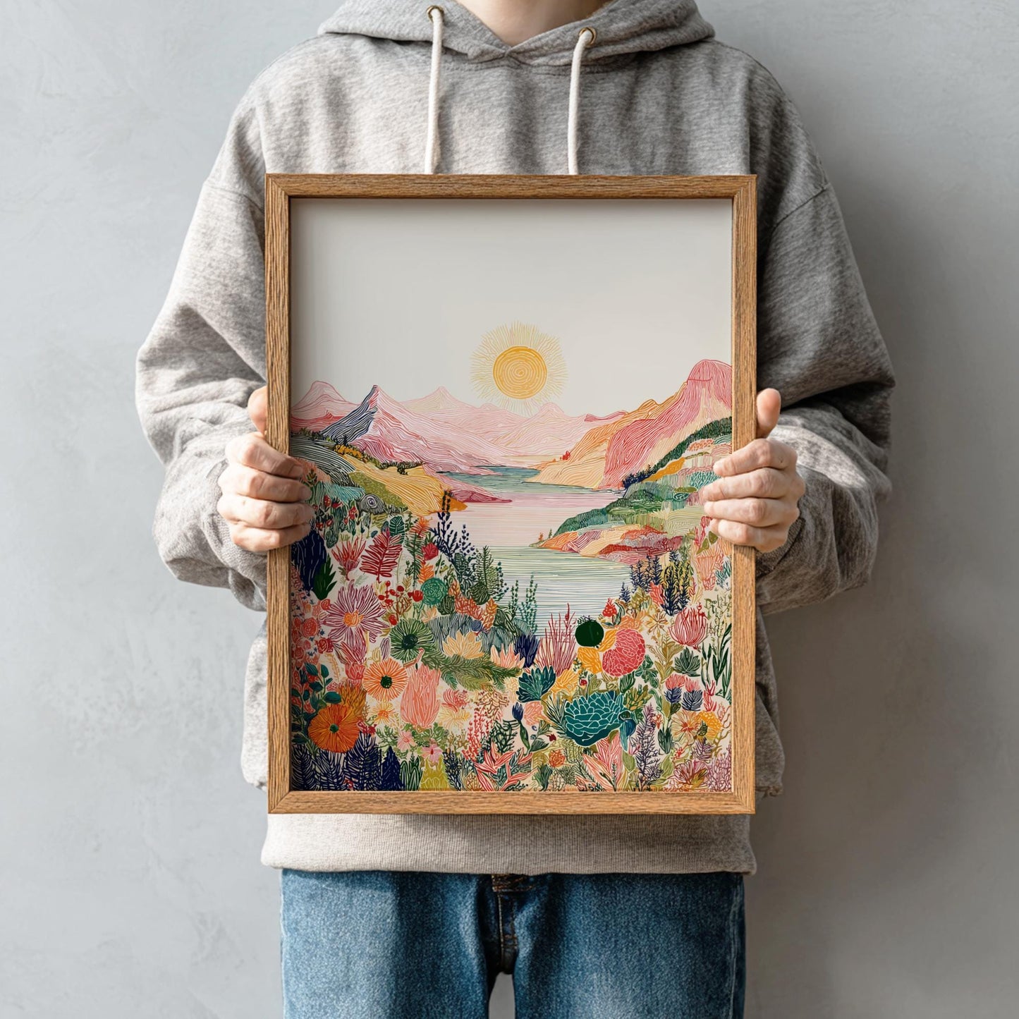 Whimsical Face Landscape Art Print - Surreal Sunset Ocean Poster - Dreamy Nature Wall Decor