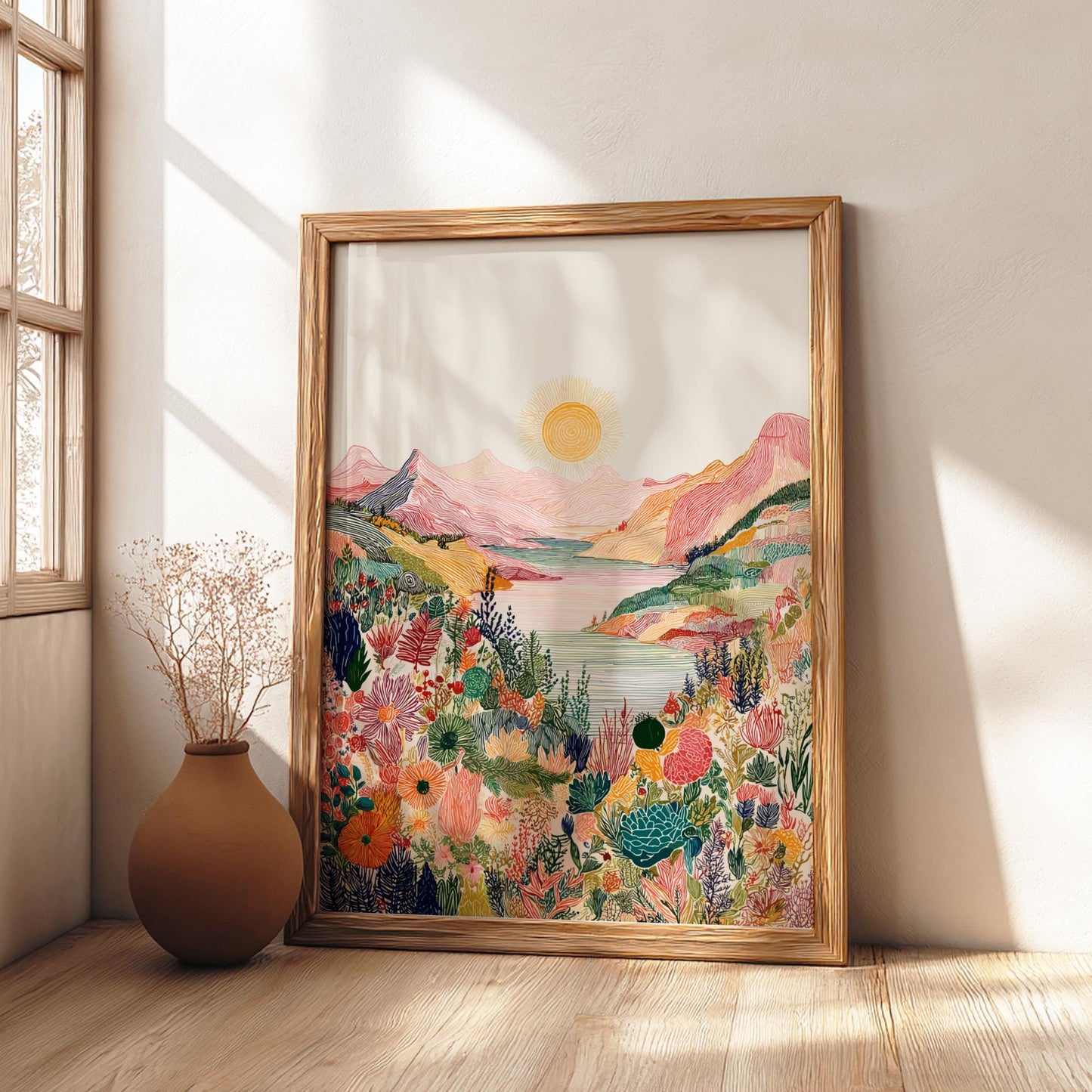 Whimsical Face Landscape Art Print - Surreal Sunset Ocean Poster - Dreamy Nature Wall Decor
