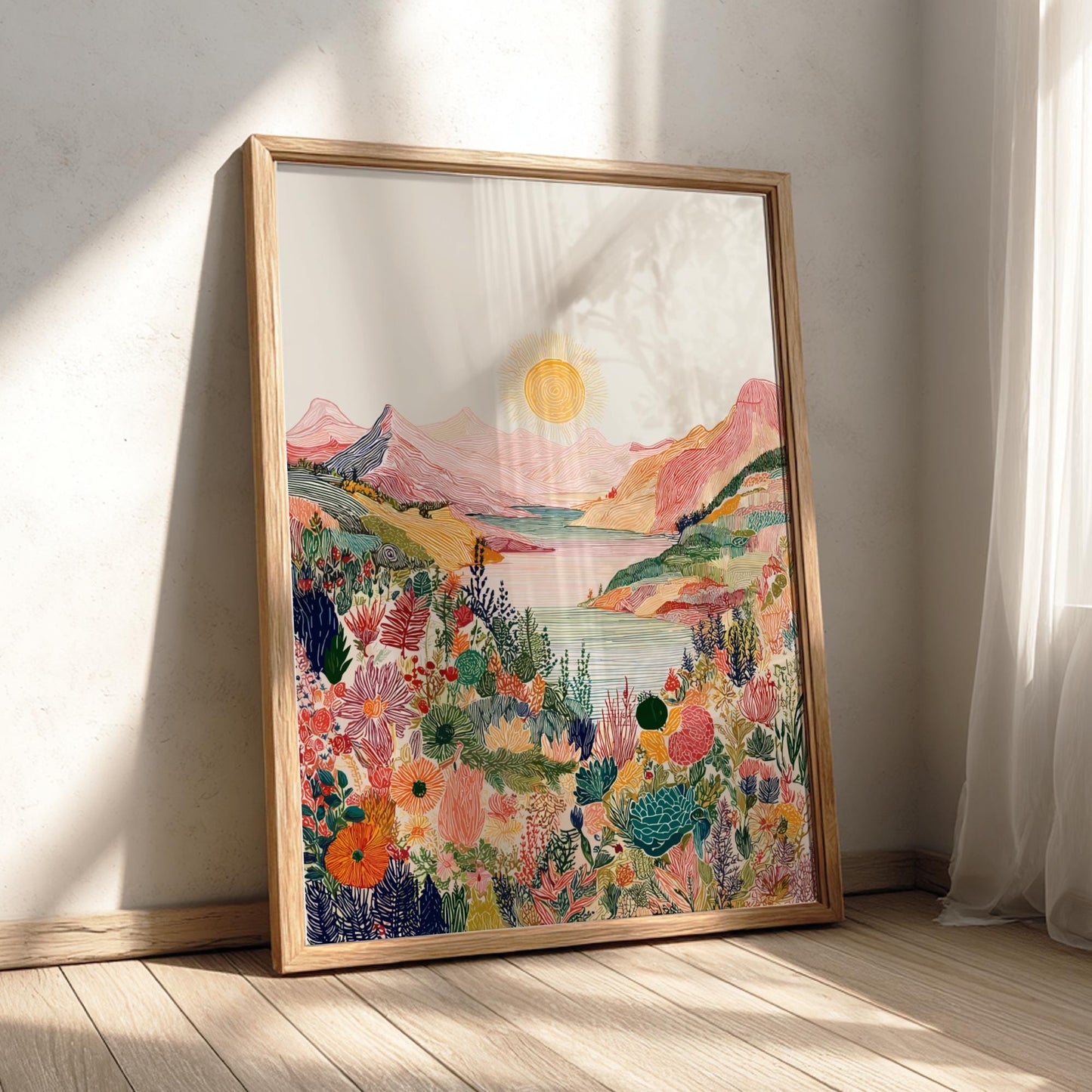 Whimsical Face Landscape Art Print - Surreal Sunset Ocean Poster - Dreamy Nature Wall Decor
