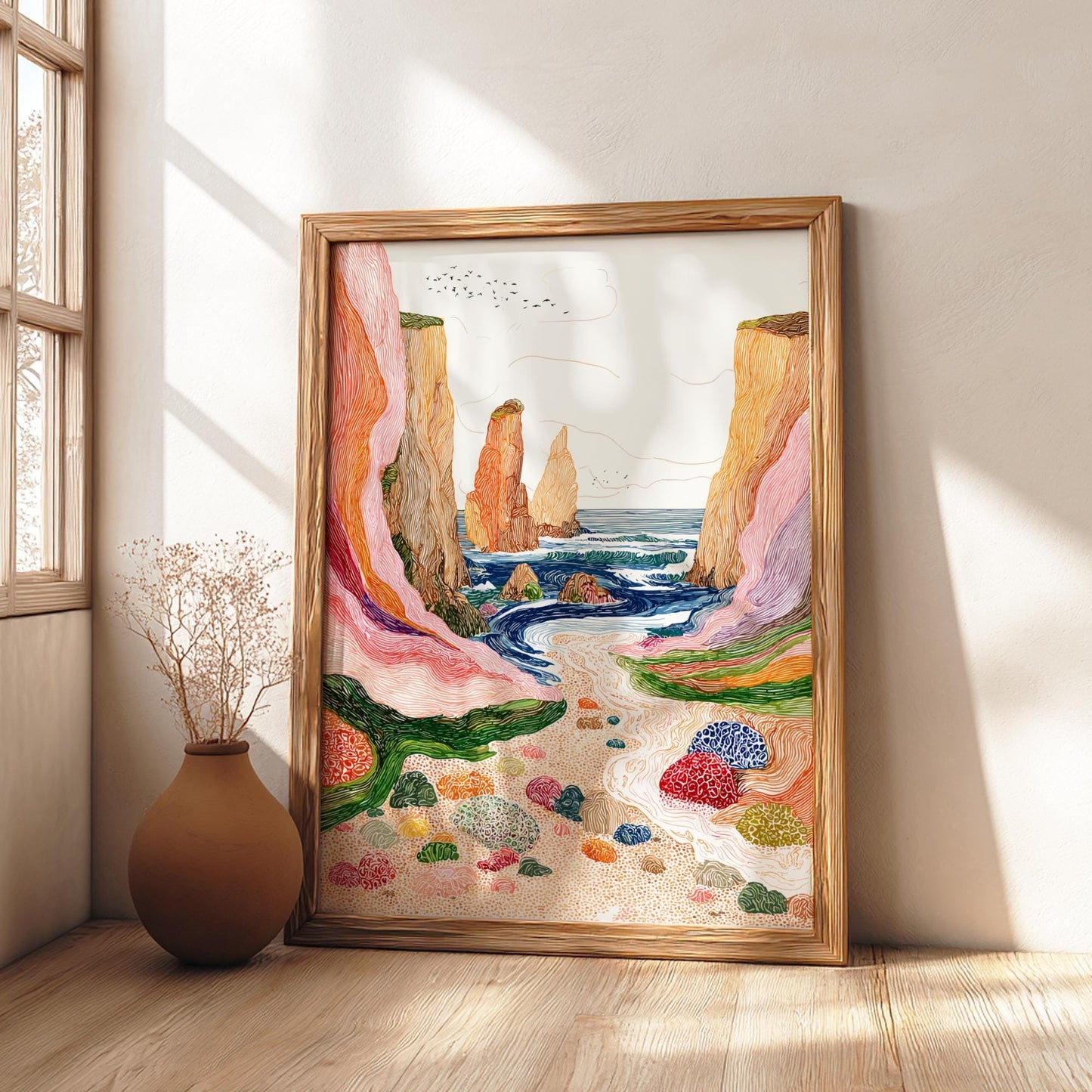 Cliffside Echoes - Pastel Cliff Landscape Art Print - Whimsical Nature Wall Decor Poster