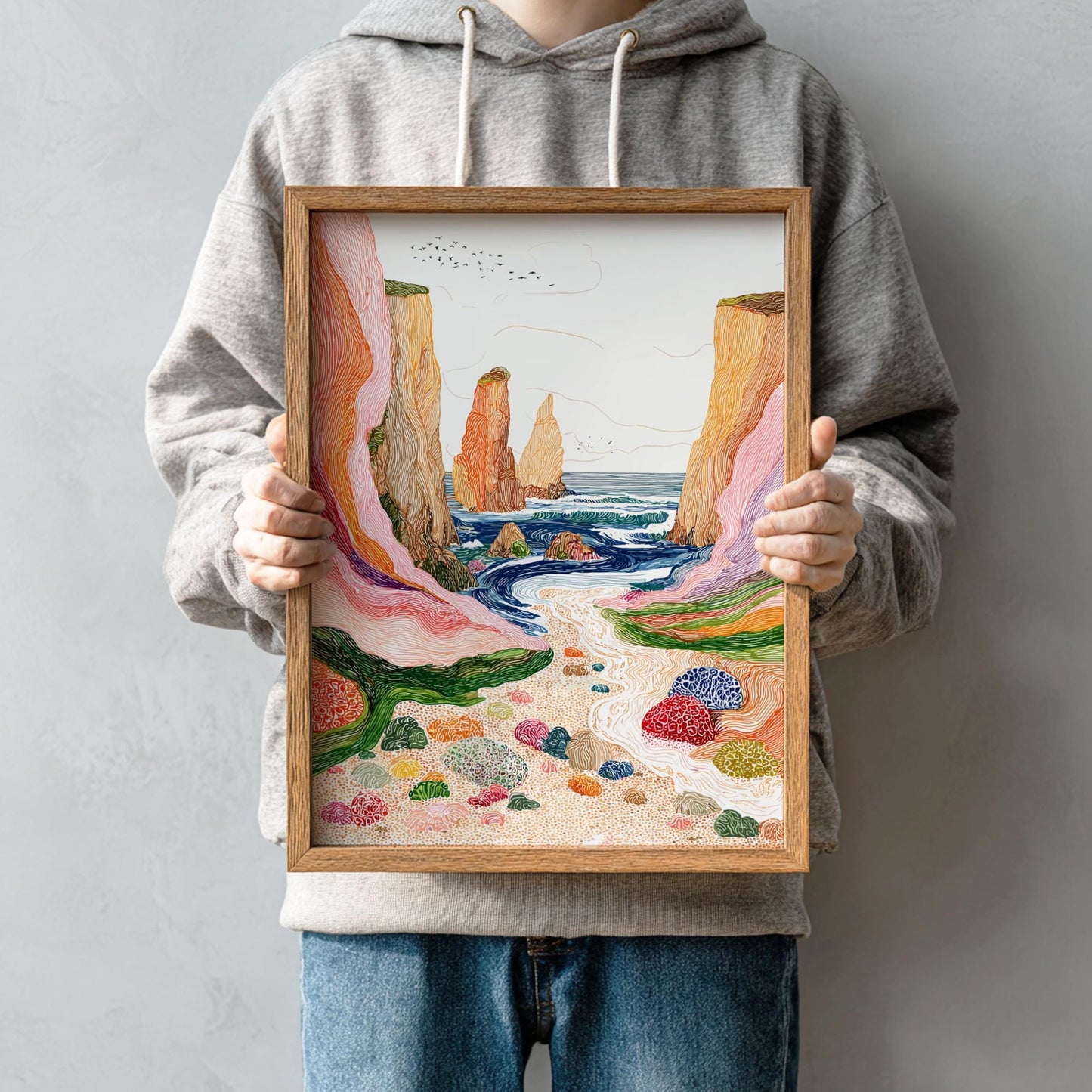 Cliffside Echoes - Pastel Cliff Landscape Art Print - Whimsical Nature Wall Decor Poster