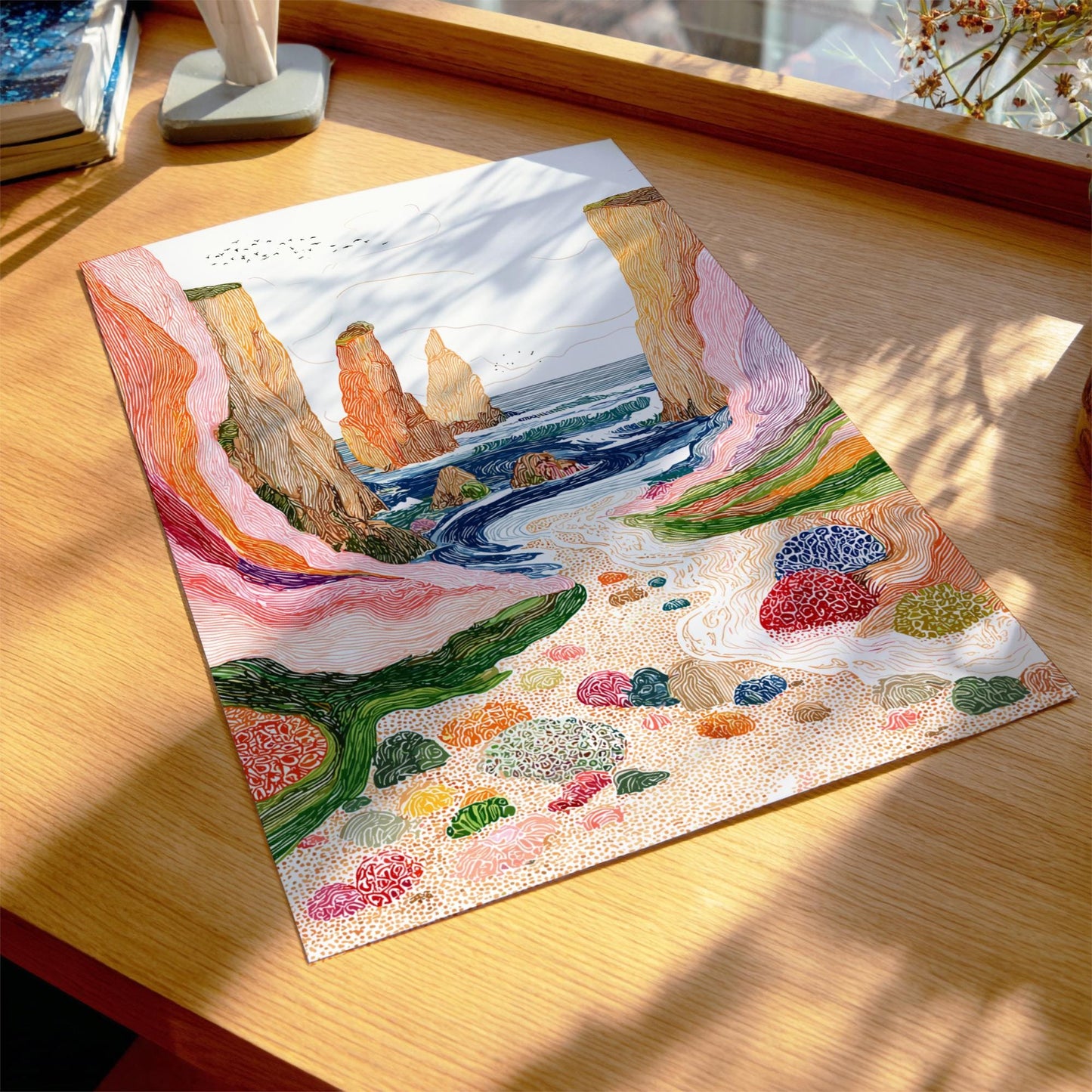 Cliffside Echoes - Pastel Cliff Landscape Art Print - Whimsical Nature Wall Decor Poster