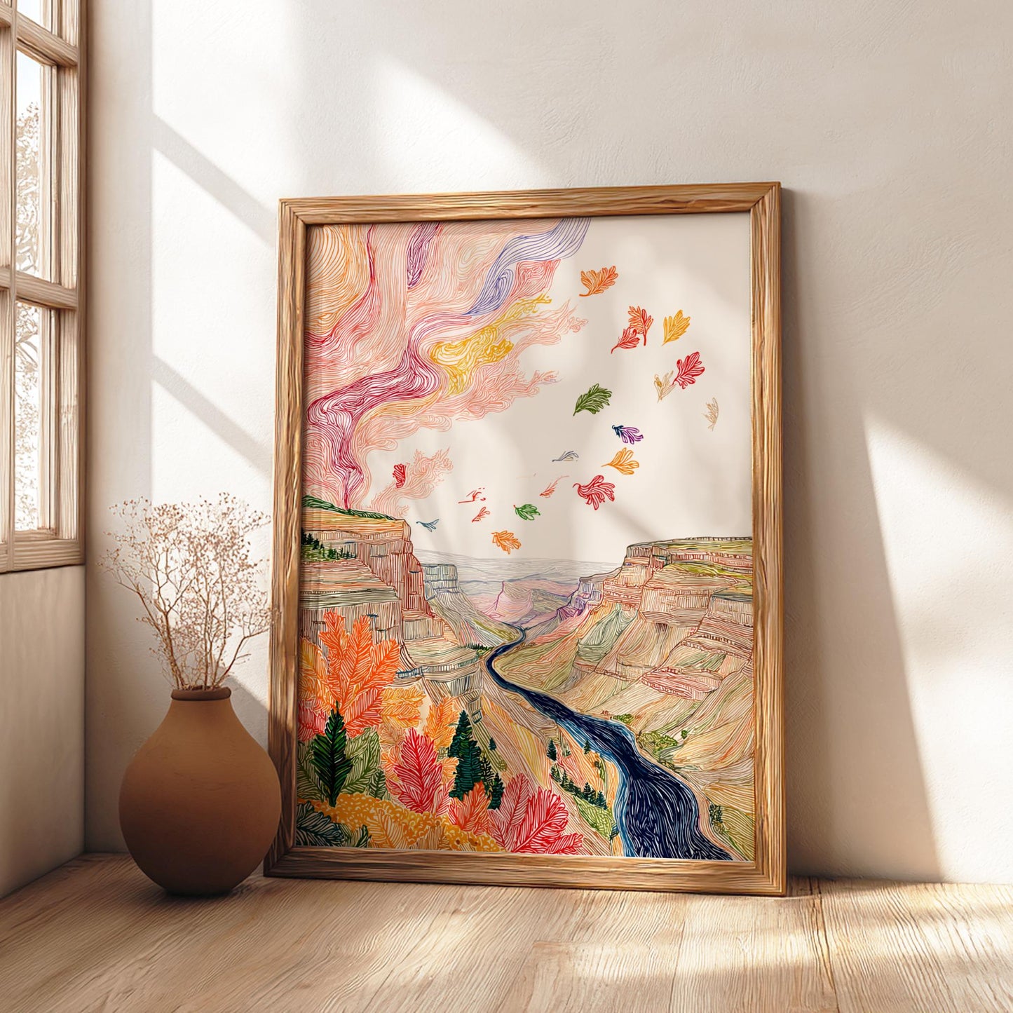 Crimson Depths - Pastel Canyon Landscape Art Print - Whimsical Nature Wall Decor Poster