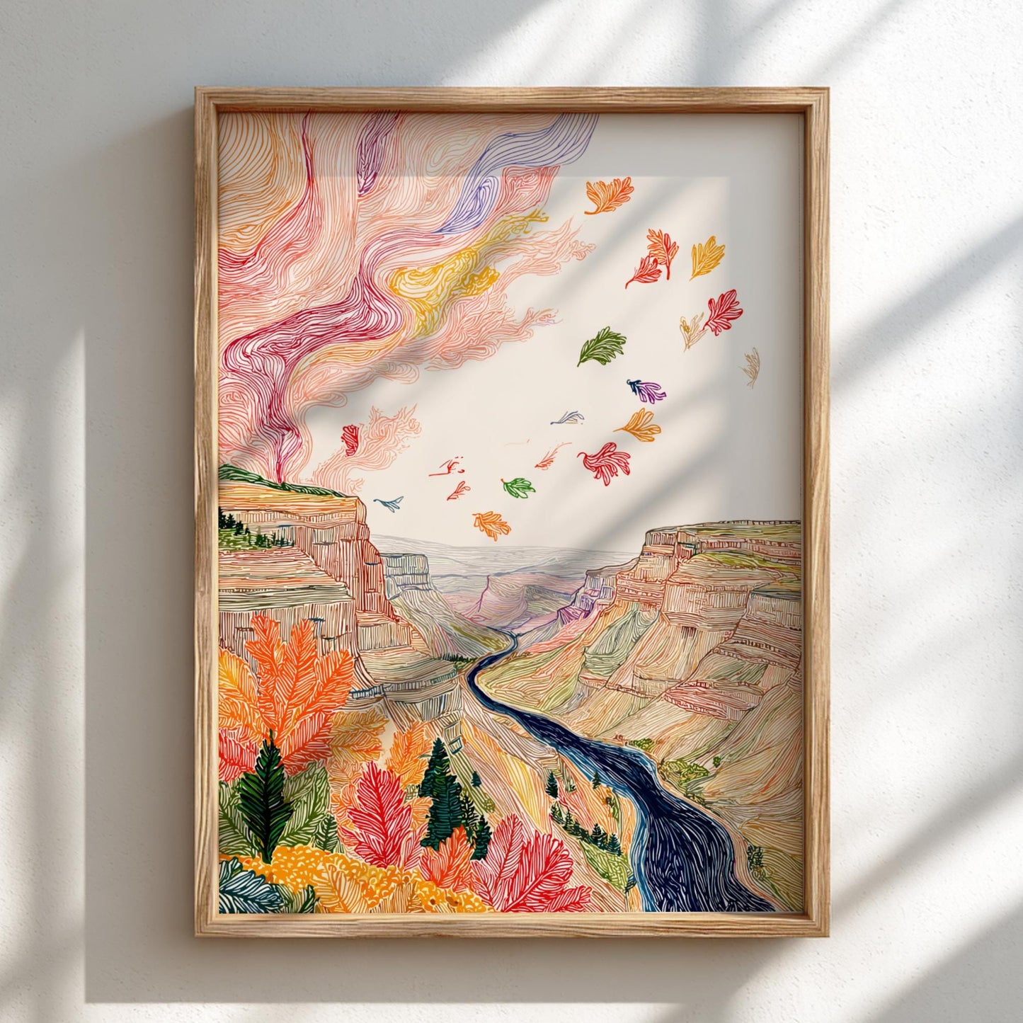 Crimson Depths - Pastel Canyon Landscape Art Print - Whimsical Nature Wall Decor Poster