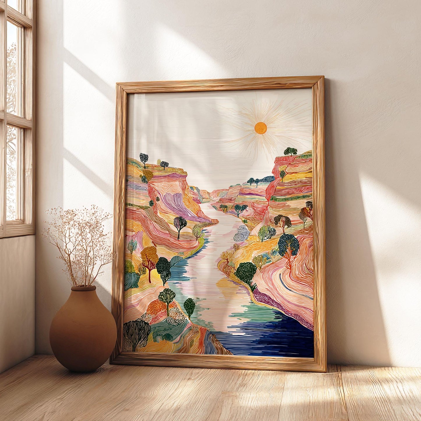 Eclipse Bend - Pastel River Landscape Art Print - Whimsical Nature Wall Decor Poster