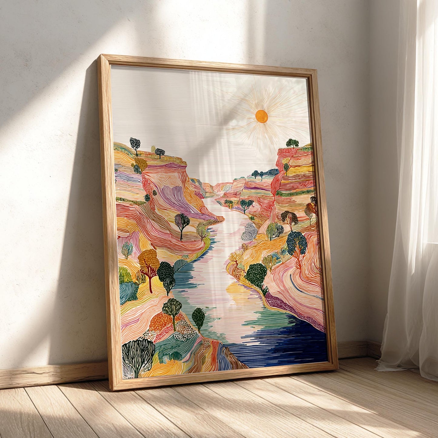 Eclipse Bend - Pastel River Landscape Art Print - Whimsical Nature Wall Decor Poster