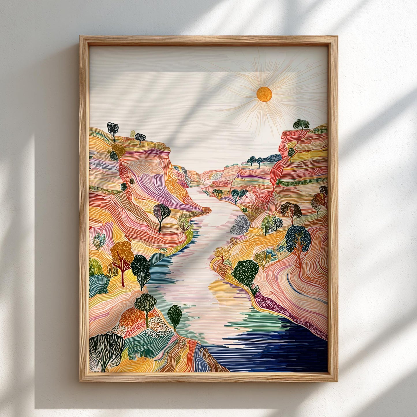Eclipse Bend - Pastel River Landscape Art Print - Whimsical Nature Wall Decor Poster