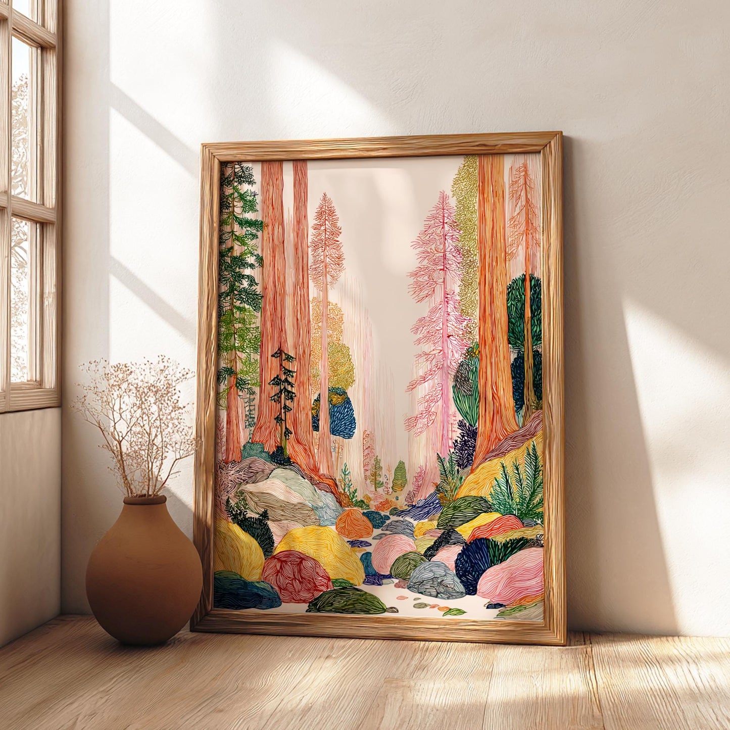 Fogbound Giants - Pastel Mountain Landscape Art Print - Whimsical Nature Wall Decor Poster