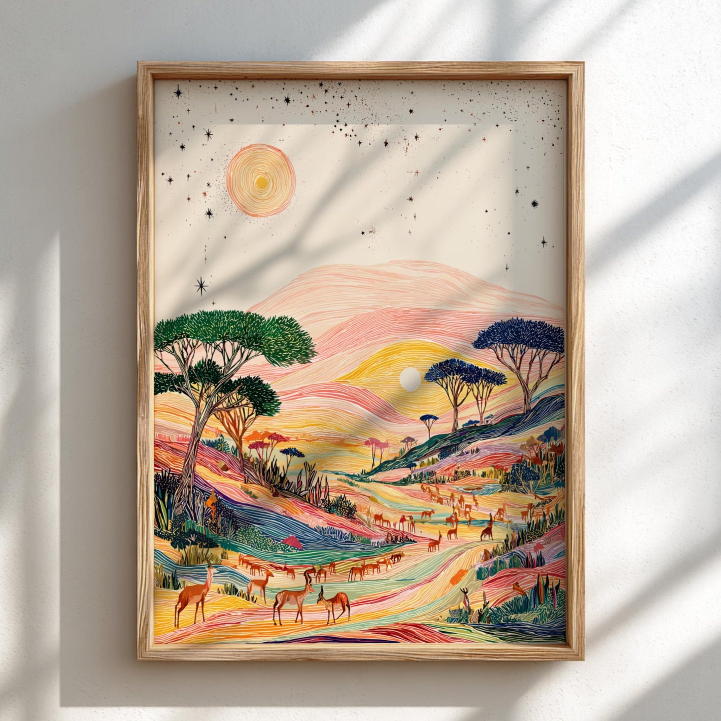 Shadowed Plains - Pastel Prairie Landscape Art Print - Whimsical Nature Wall Decor Poster