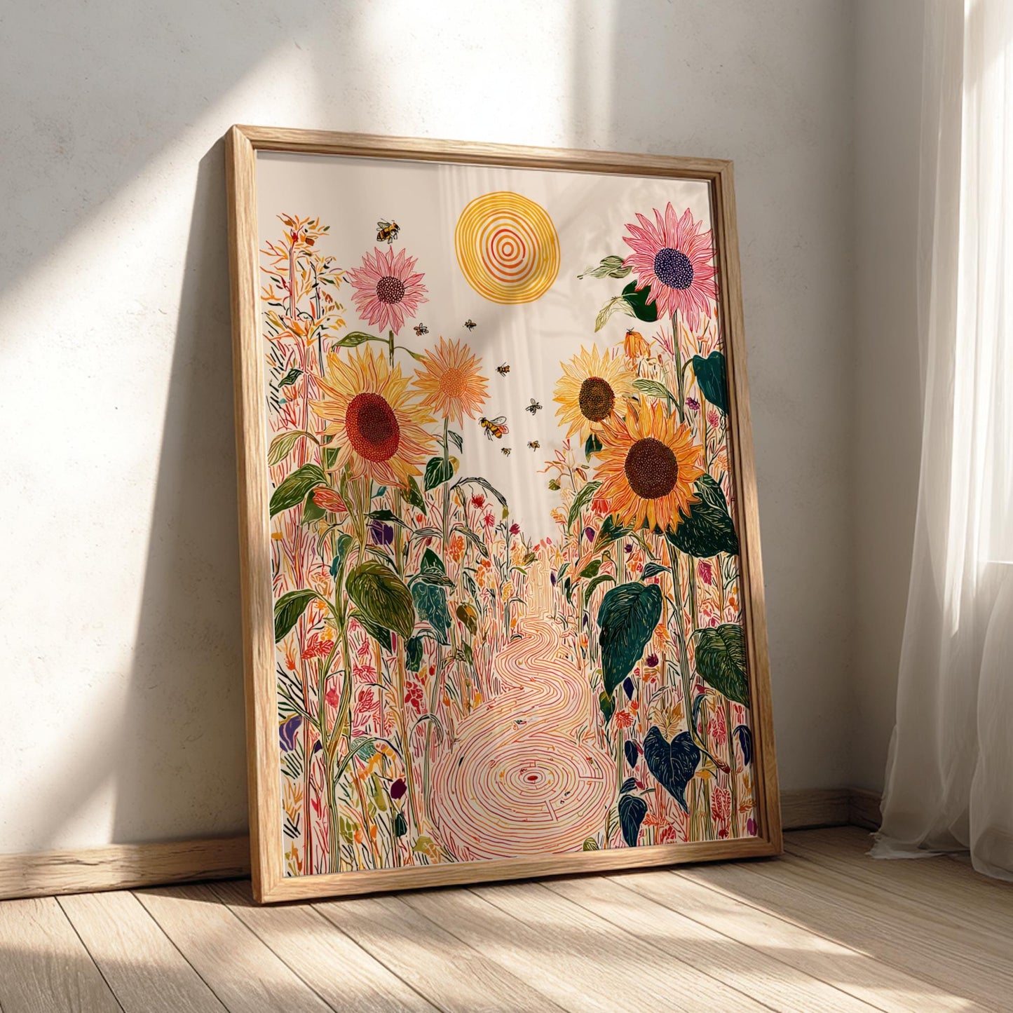 Sunflower Enigma - Pastel Sunflower Landscape Art Print - Whimsical Nature Wall Decor Poster