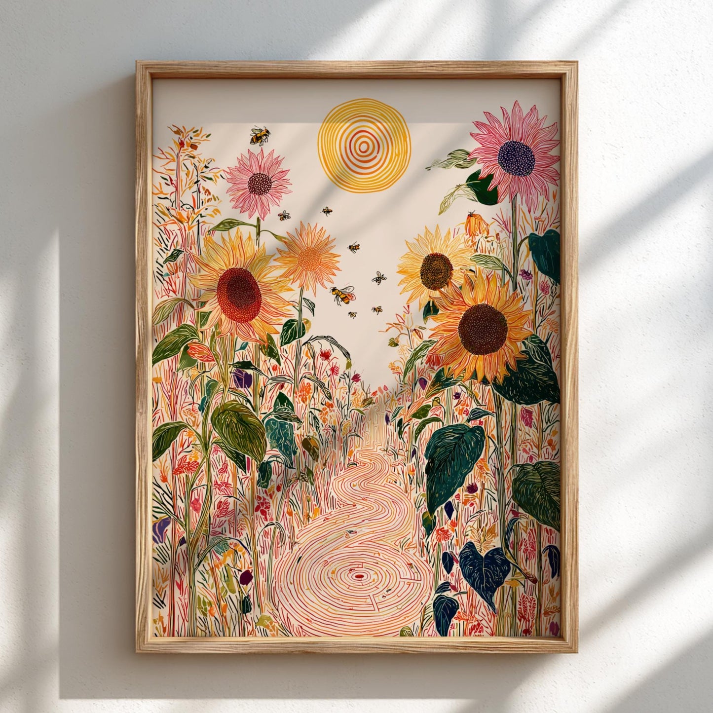 Sunflower Enigma - Pastel Sunflower Landscape Art Print - Whimsical Nature Wall Decor Poster