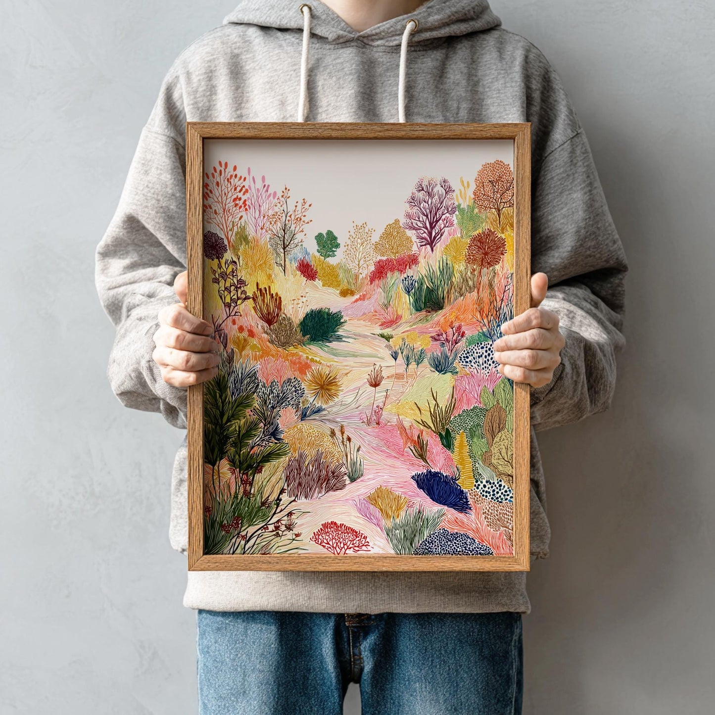 Whirlwind Meadow - Pastel Meadow Landscape Art Print - Whimsical Nature Wall Decor Poster
