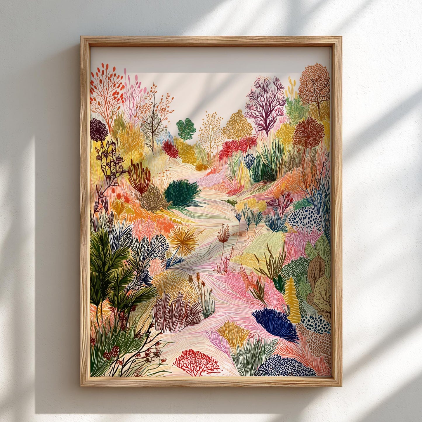 Whirlwind Meadow - Pastel Meadow Landscape Art Print - Whimsical Nature Wall Decor Poster