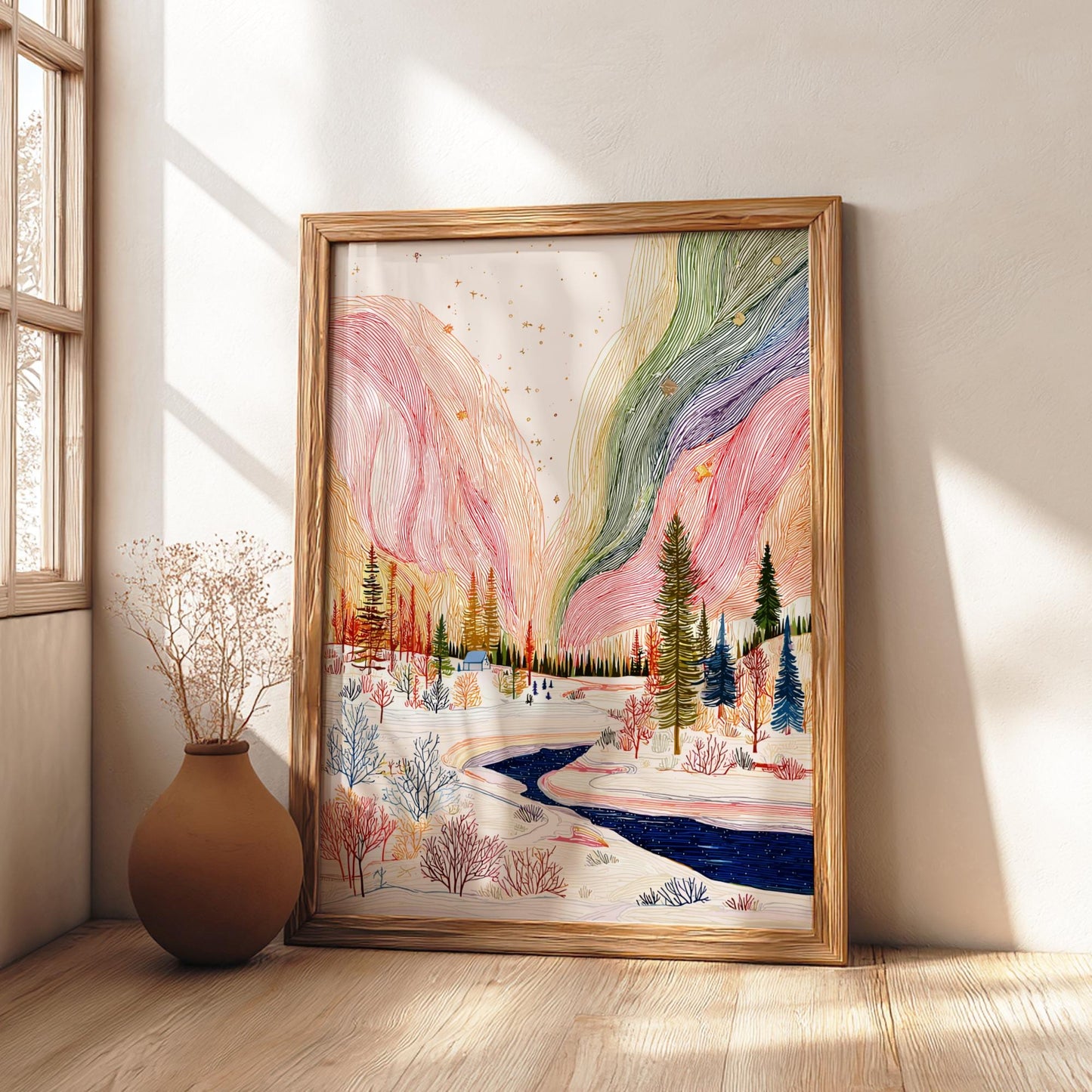 Aurora Veil - Pastel Aurora Landscape Art Print - Ethereal Nature Wall Decor Poster