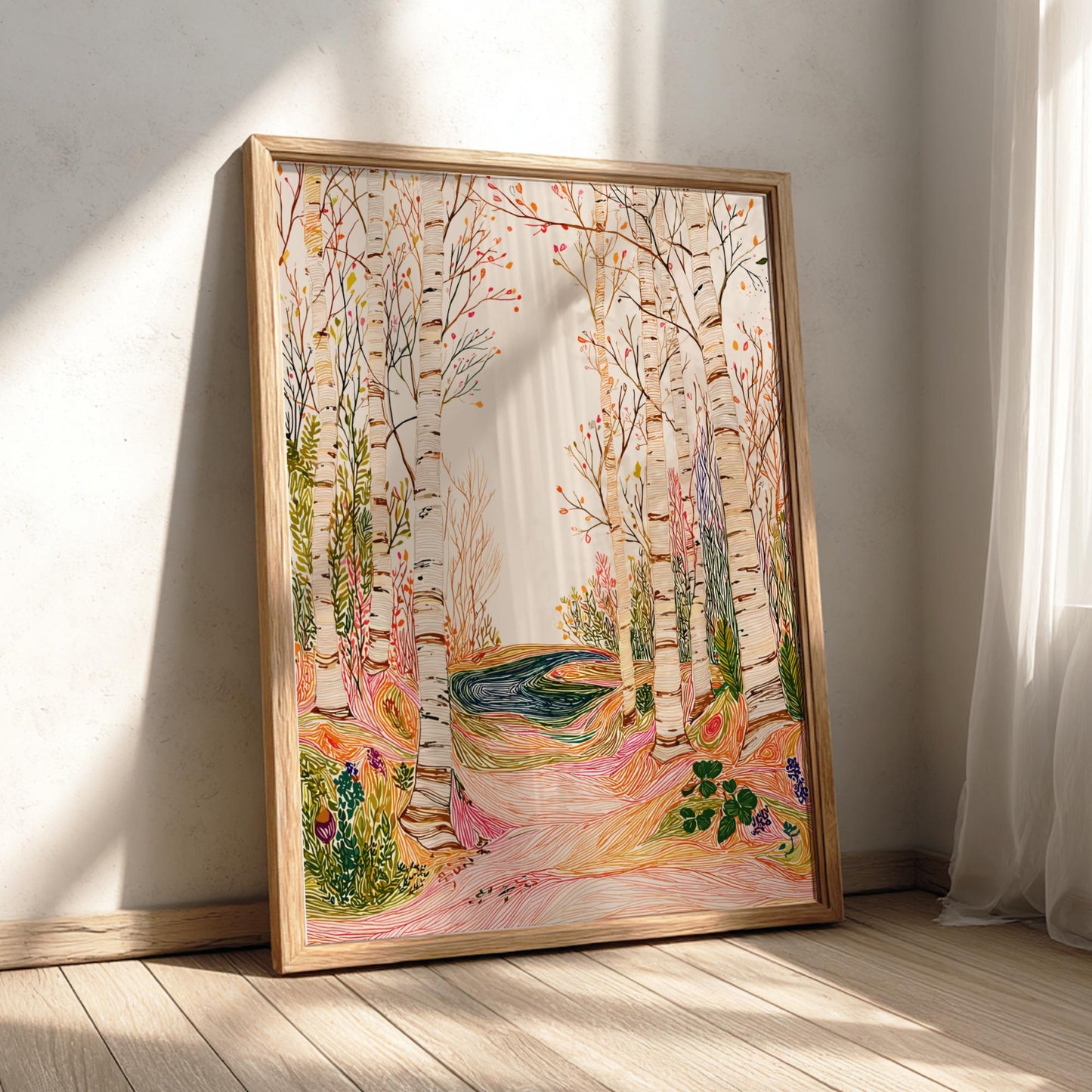 Birch Awakening - Pastel Forest Landscape Art Print - Whimsical Nature Wall Decor Poster