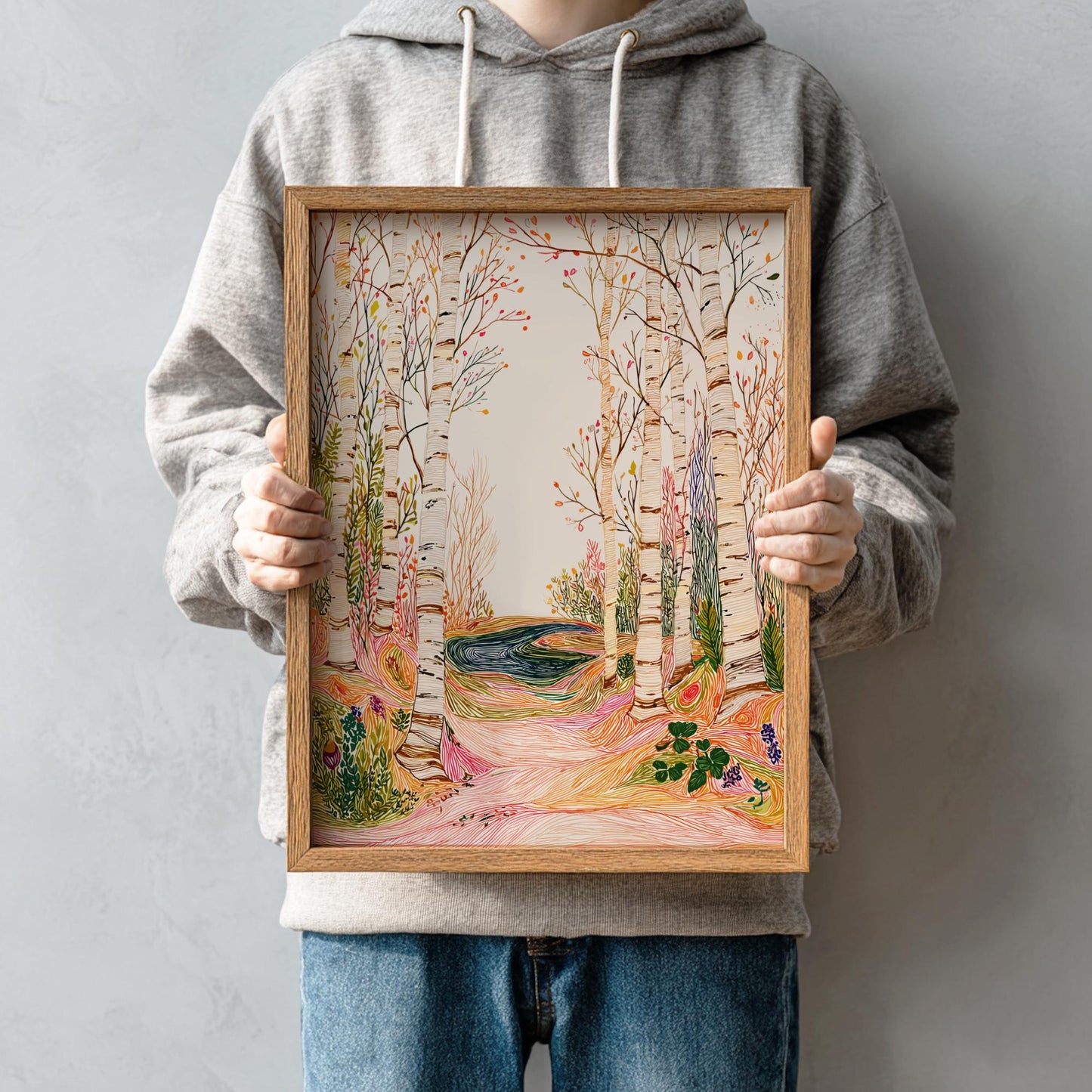 Birch Awakening - Pastel Forest Landscape Art Print - Whimsical Nature Wall Decor Poster