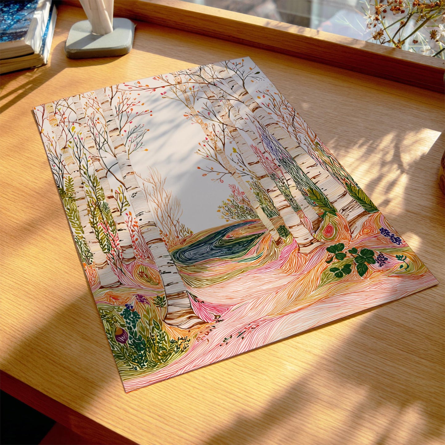 Birch Awakening - Pastel Forest Landscape Art Print - Whimsical Nature Wall Decor Poster