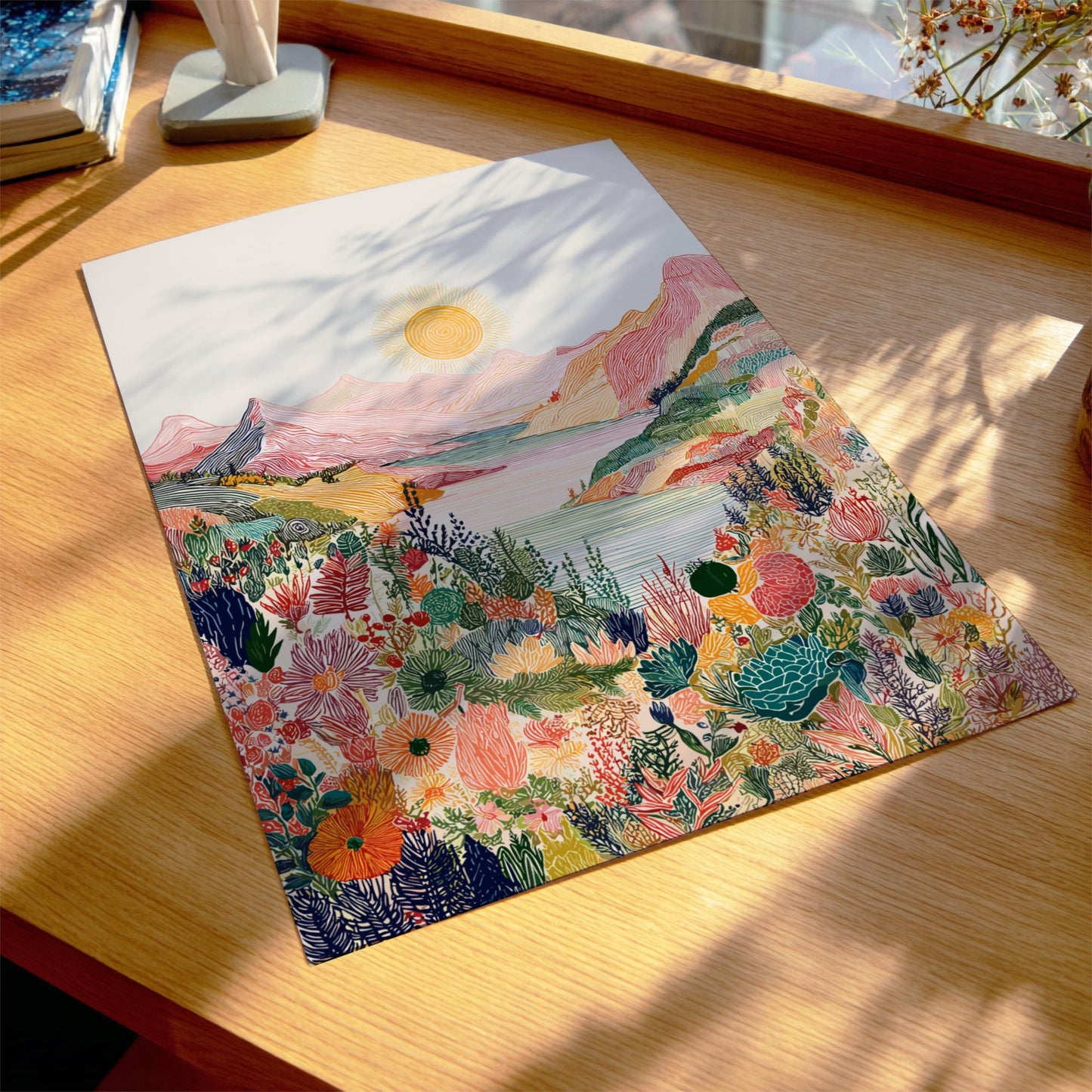 Whimsical Face Landscape Art Print - Surreal Sunset Ocean Poster - Dreamy Nature Wall Decor