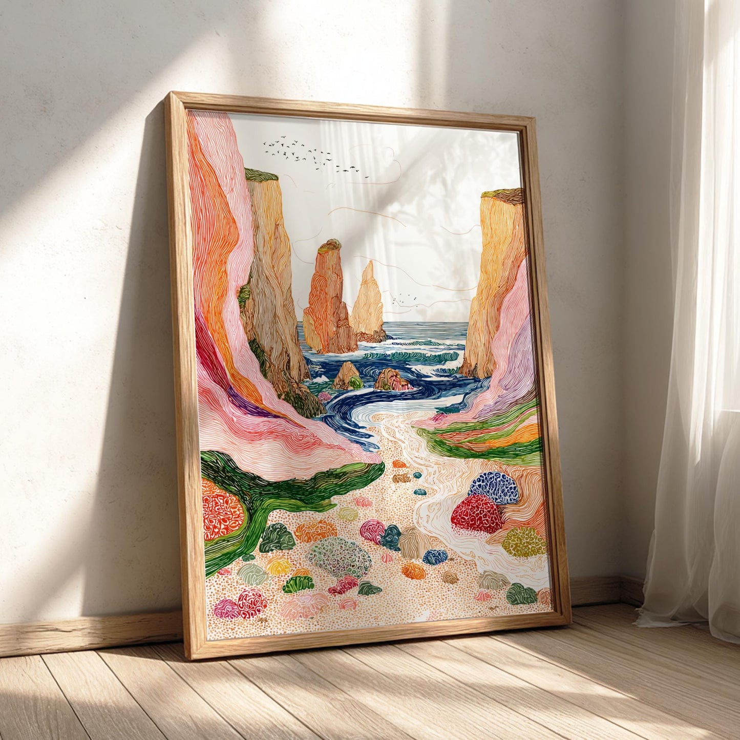 Cliffside Echoes - Pastel Cliff Landscape Art Print - Whimsical Nature Wall Decor Poster