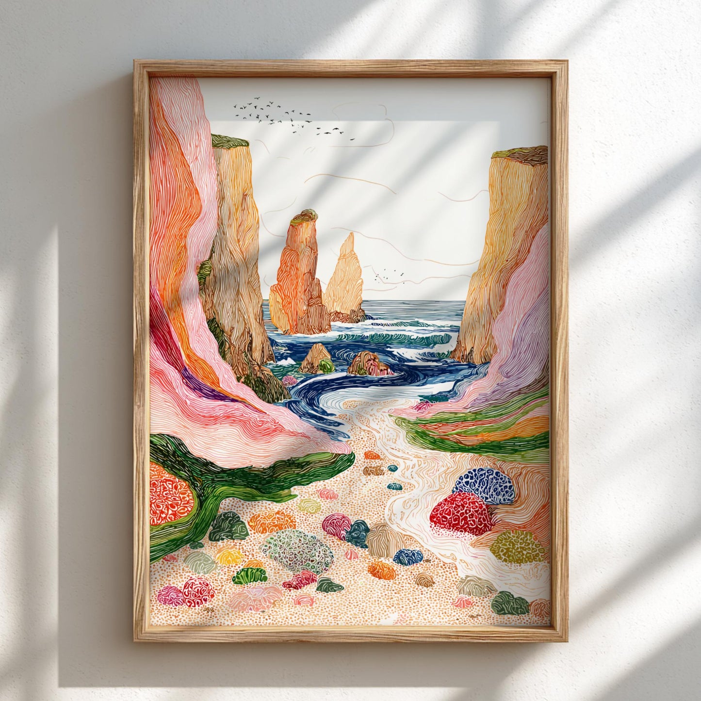 Cliffside Echoes - Pastel Cliff Landscape Art Print - Whimsical Nature Wall Decor Poster