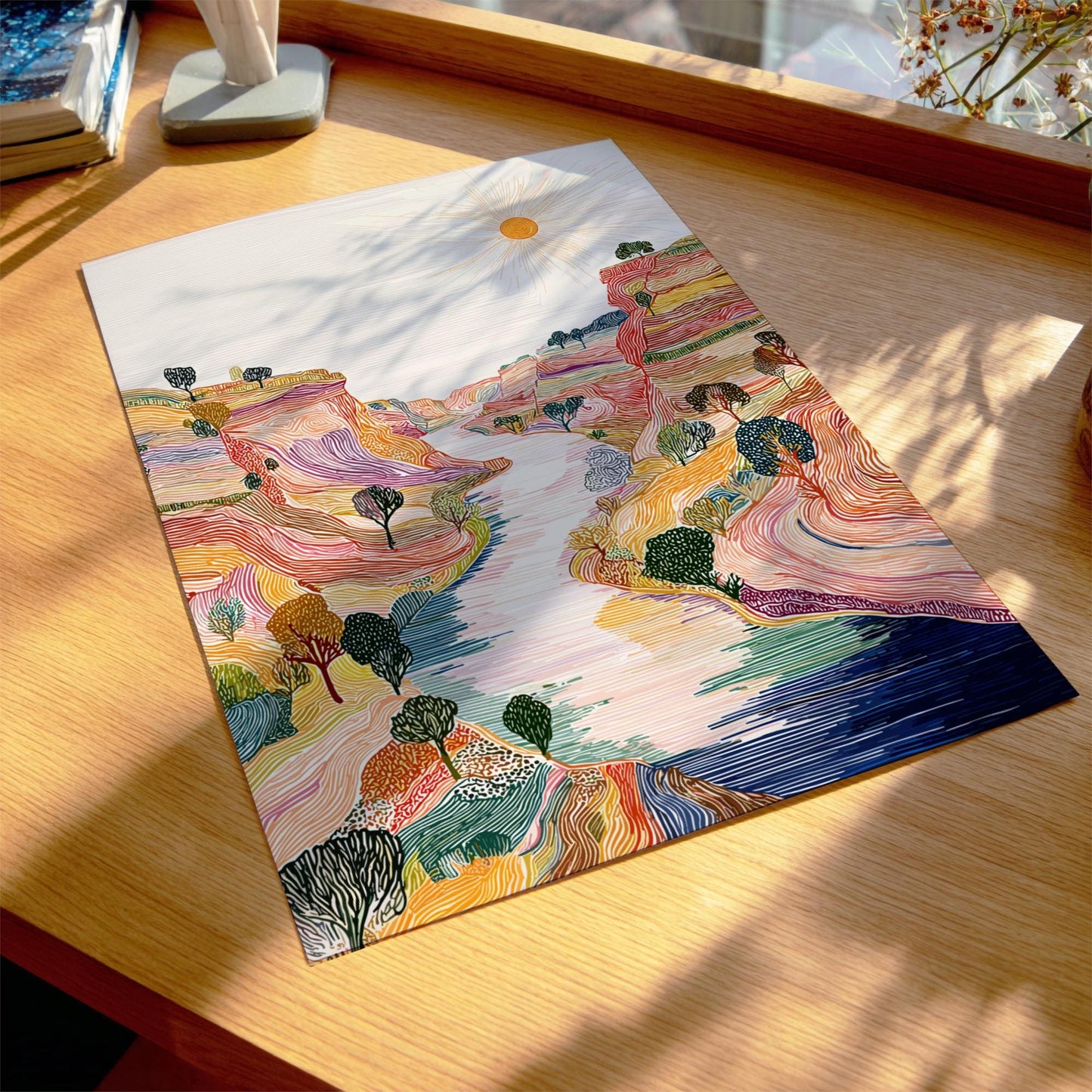 Eclipse Bend - Pastel River Landscape Art Print - Whimsical Nature Wall Decor Poster
