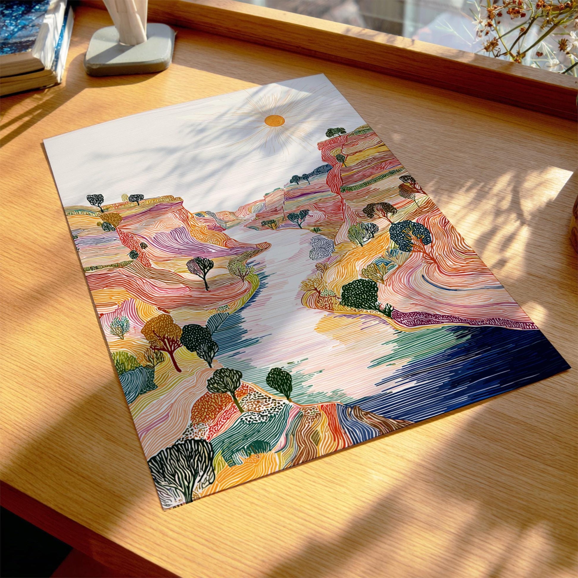 Eclipse Bend - Pastel River Landscape Art Print - Whimsical Nature Wall Decor Poster