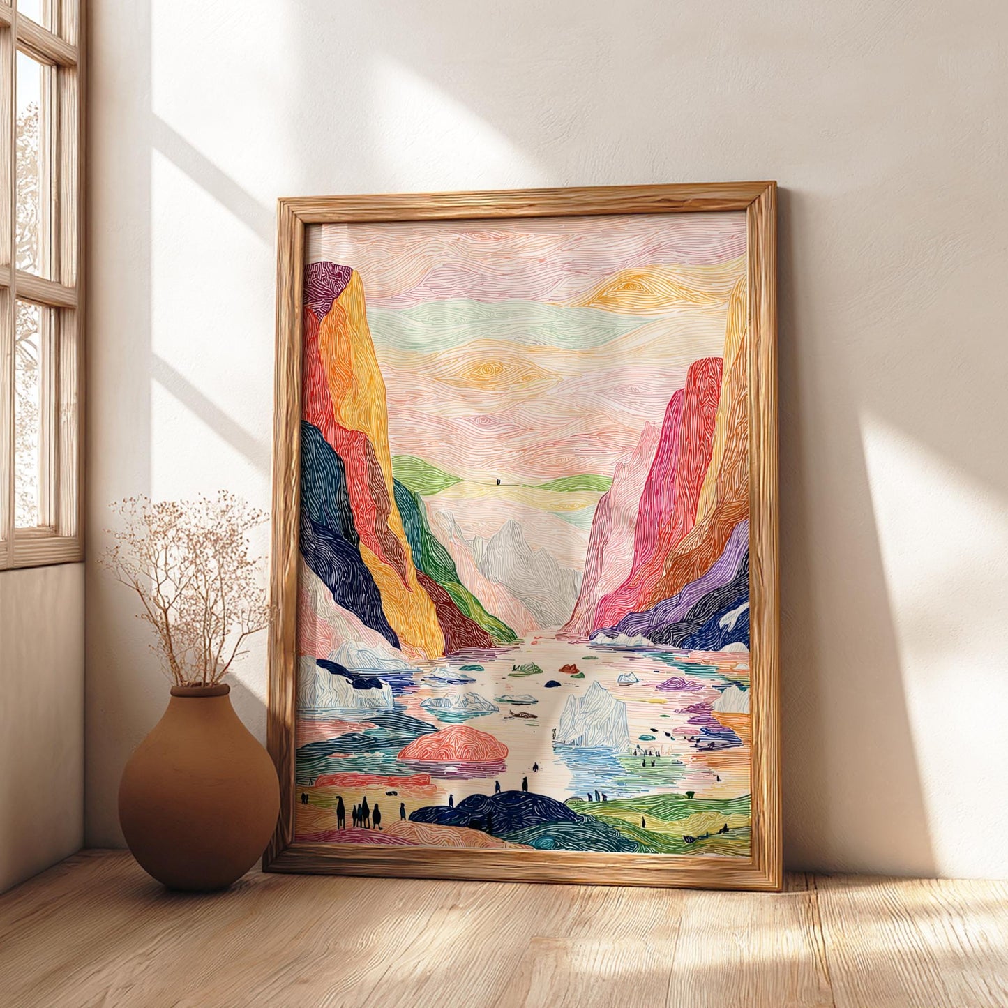 Fjords of Light - Pastel Fjord Landscape Art Print - Whimsical Nature Wall Decor Poster