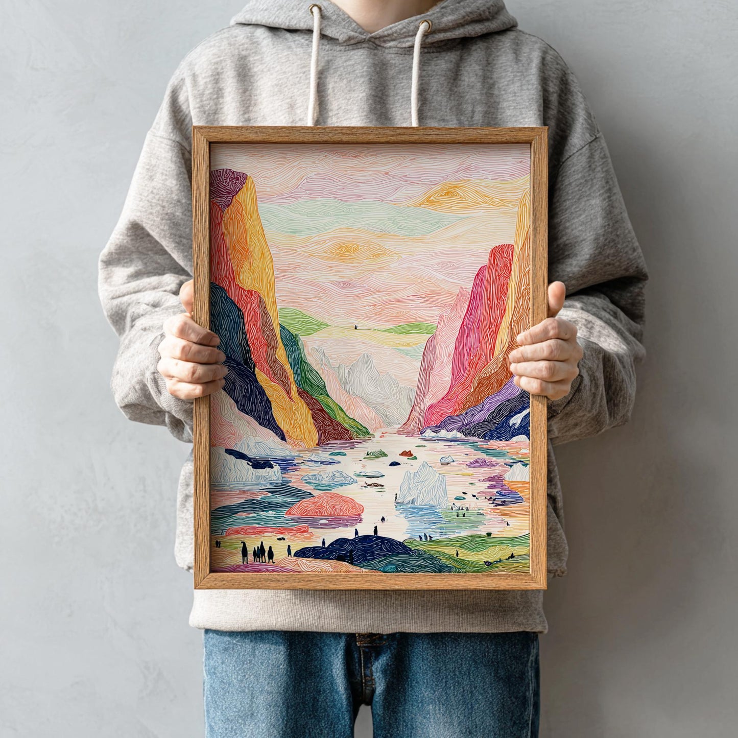 Fjords of Light - Pastel Fjord Landscape Art Print - Whimsical Nature Wall Decor Poster