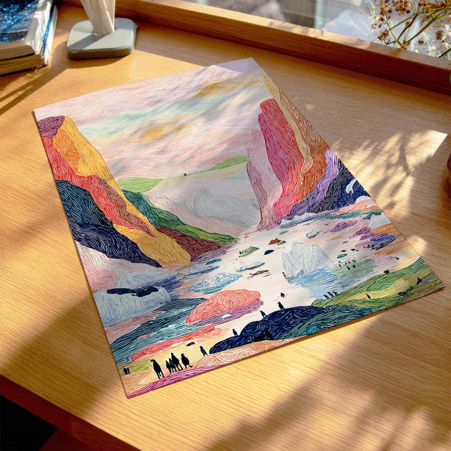 Fjords of Light - Pastel Fjord Landscape Art Print - Whimsical Nature Wall Decor Poster
