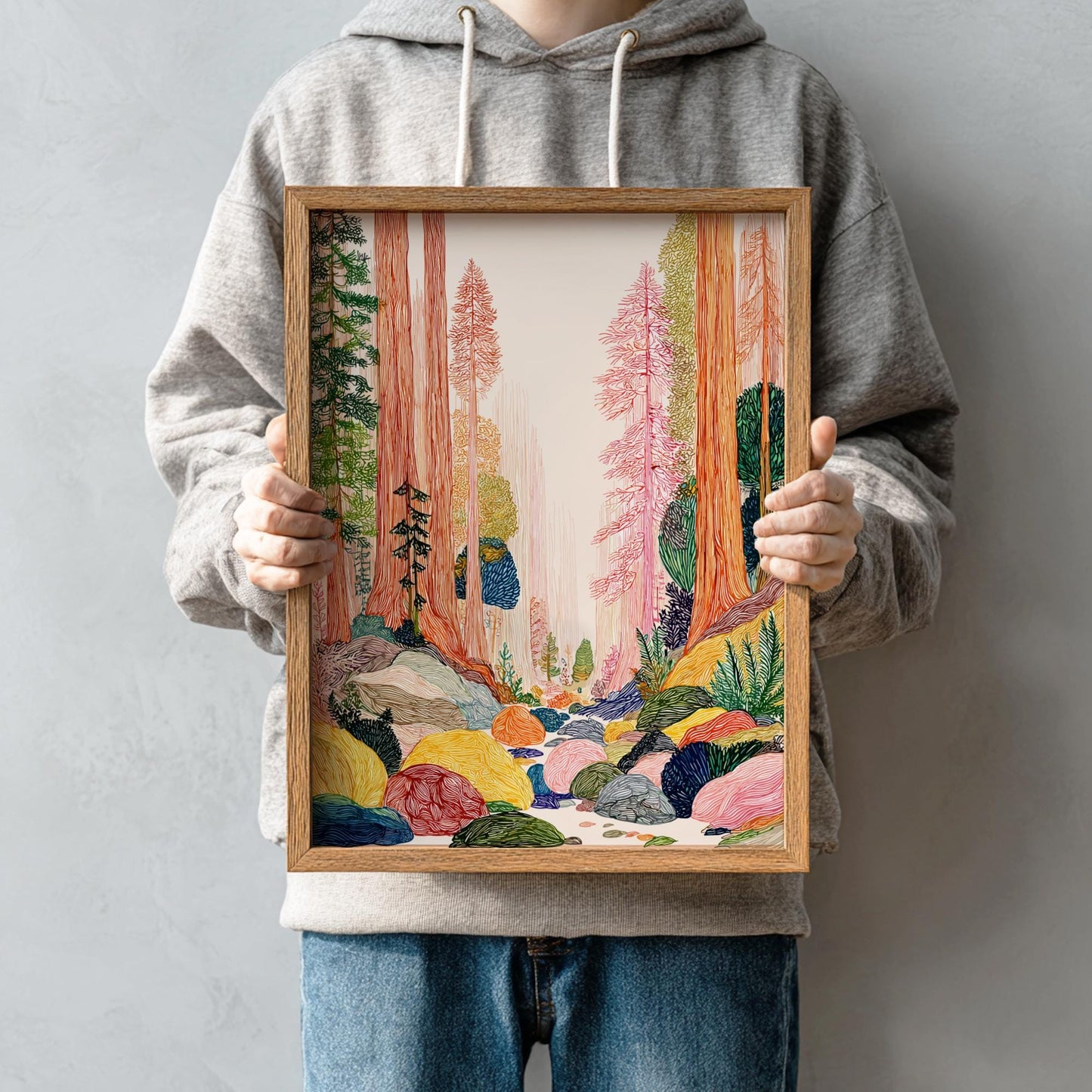 Fogbound Giants - Pastel Mountain Landscape Art Print - Whimsical Nature Wall Decor Poster