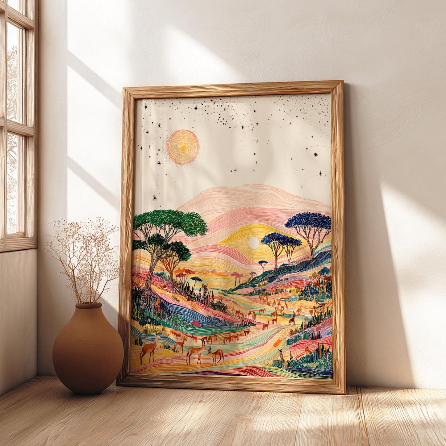 Shadowed Plains - Pastel Prairie Landscape Art Print - Whimsical Nature Wall Decor Poster