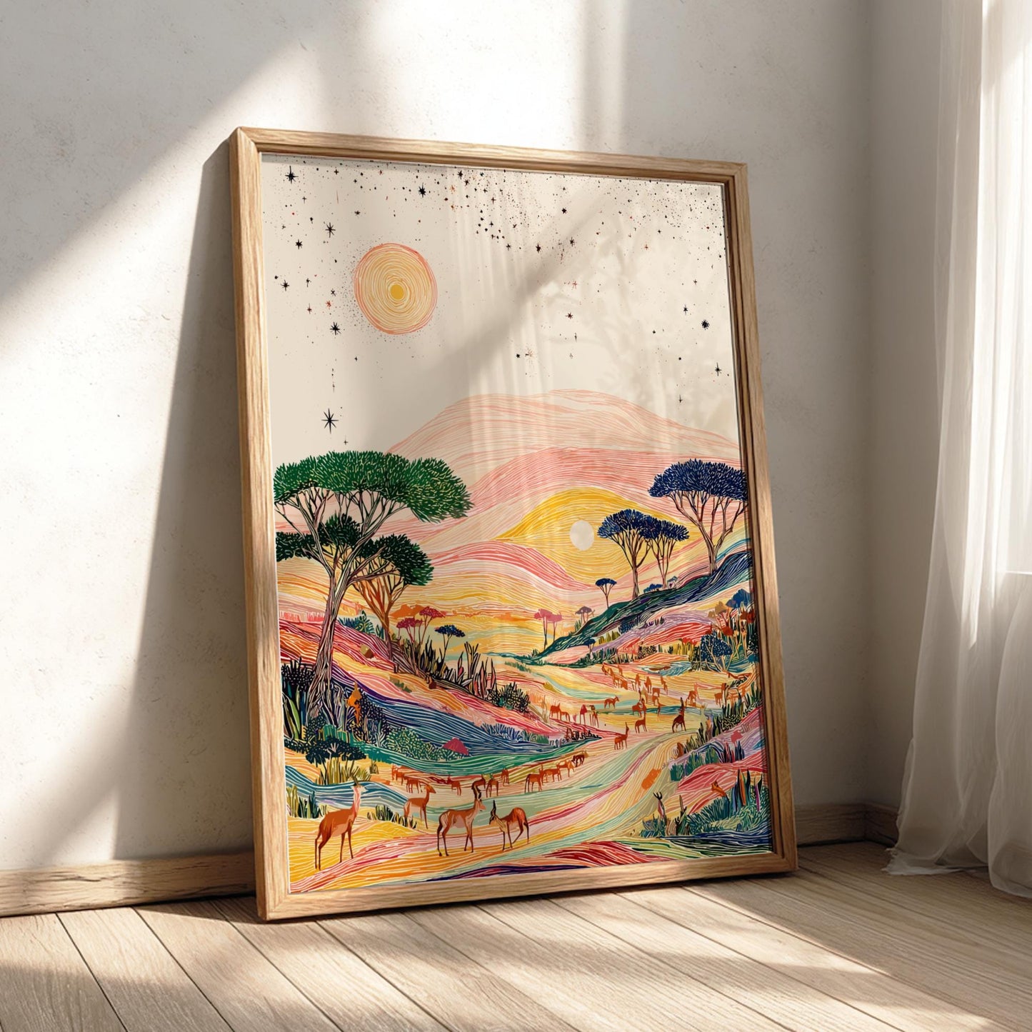 Shadowed Plains - Pastel Prairie Landscape Art Print - Whimsical Nature Wall Decor Poster