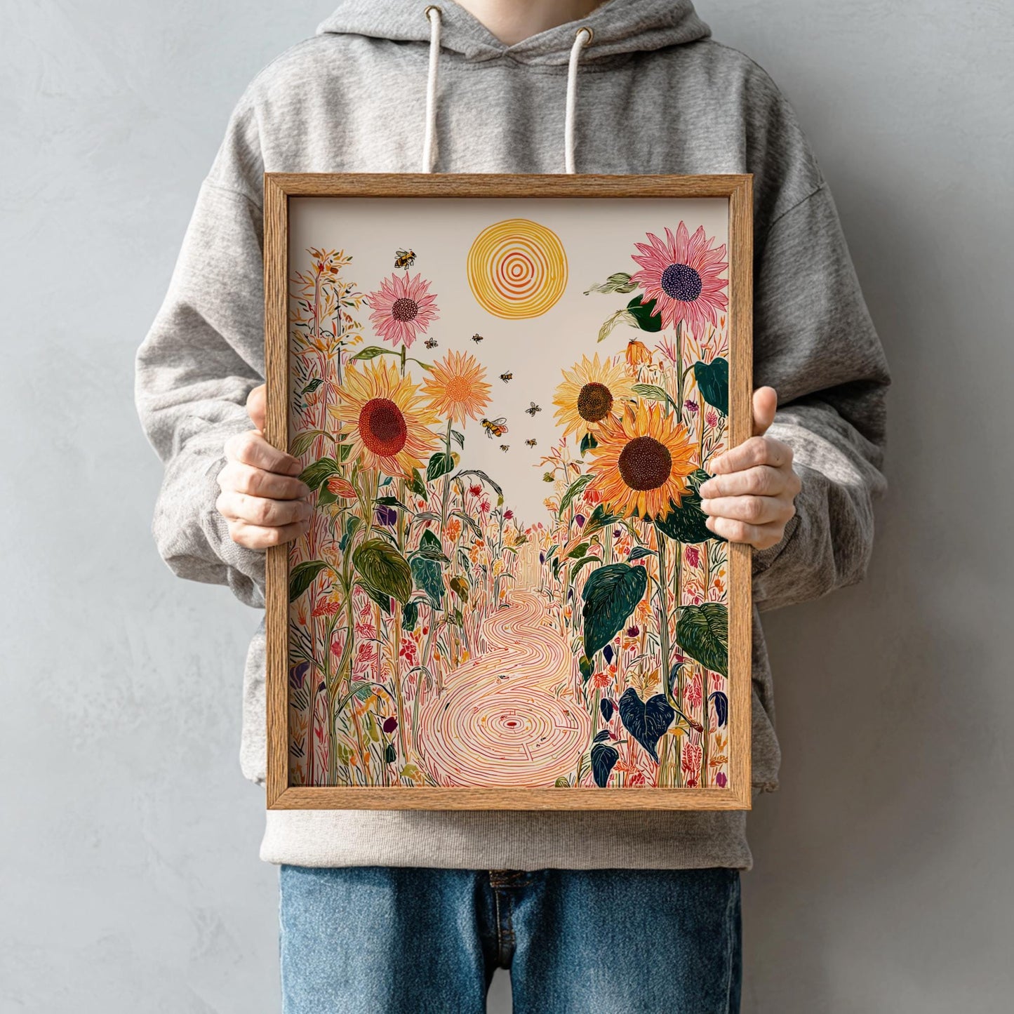 Sunflower Enigma - Pastel Sunflower Landscape Art Print - Whimsical Nature Wall Decor Poster
