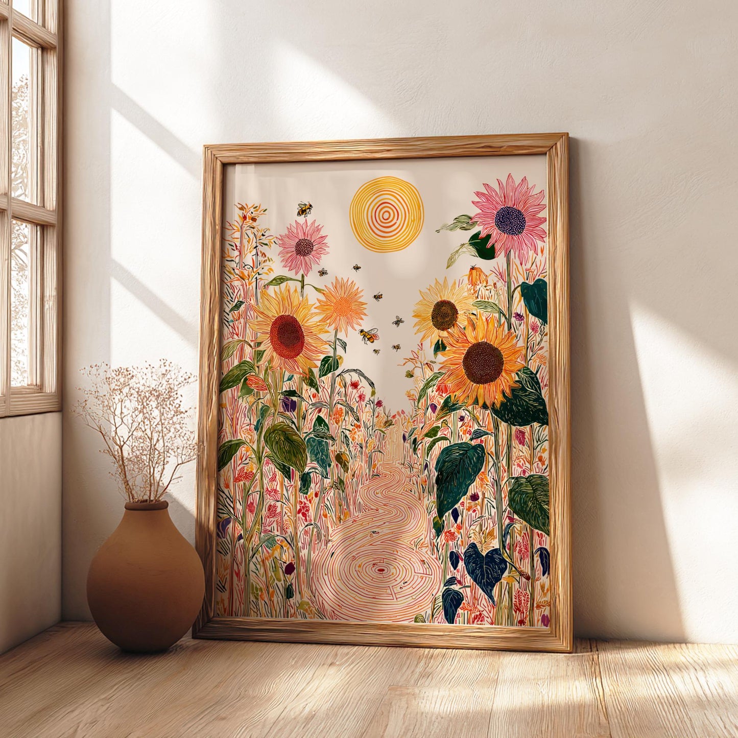 Sunflower Enigma - Pastel Sunflower Landscape Art Print - Whimsical Nature Wall Decor Poster