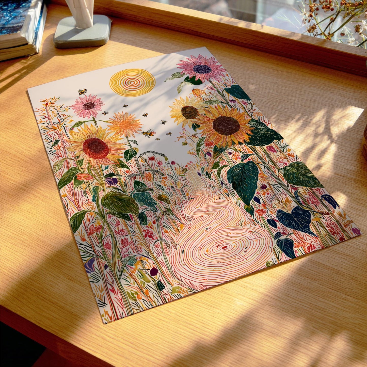 Sunflower Enigma - Pastel Sunflower Landscape Art Print - Whimsical Nature Wall Decor Poster