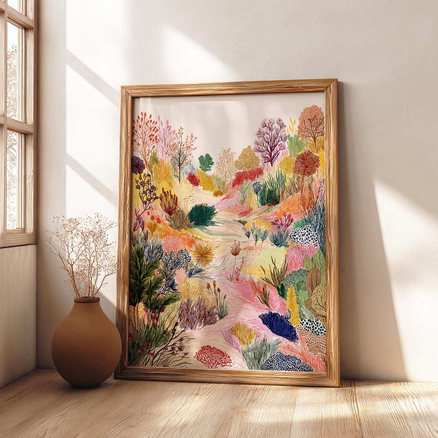 Whirlwind Meadow - Pastel Meadow Landscape Art Print - Whimsical Nature Wall Decor Poster