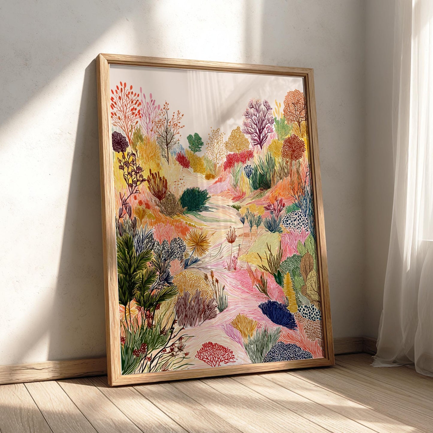 Whirlwind Meadow - Pastel Meadow Landscape Art Print - Whimsical Nature Wall Decor Poster